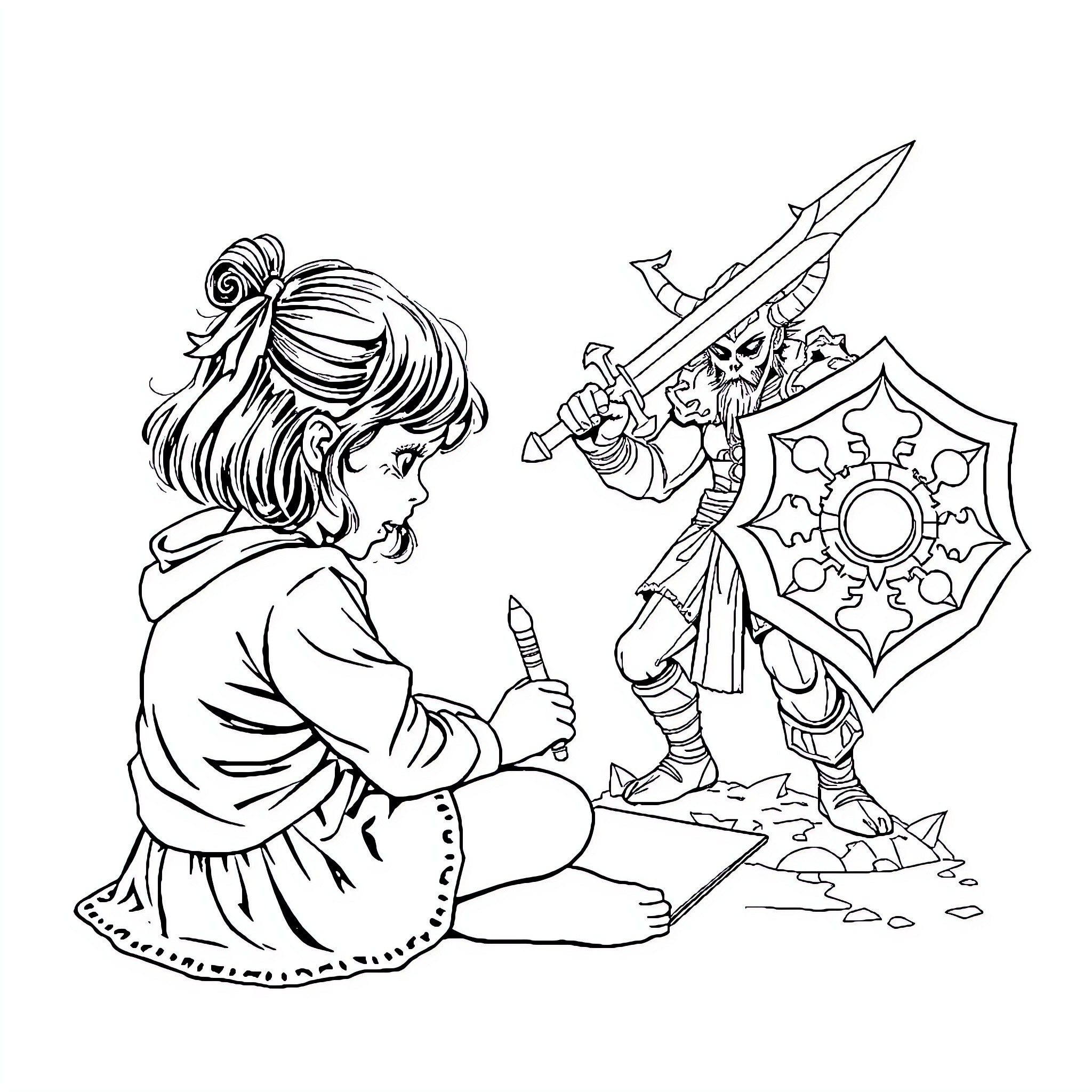 Girl sketching fantasy characters in adventure scene Coloring Page (free black-and-white line drawing printable PDF for all, from beginners to advanced learners, including children, teens, adults, and seniors)