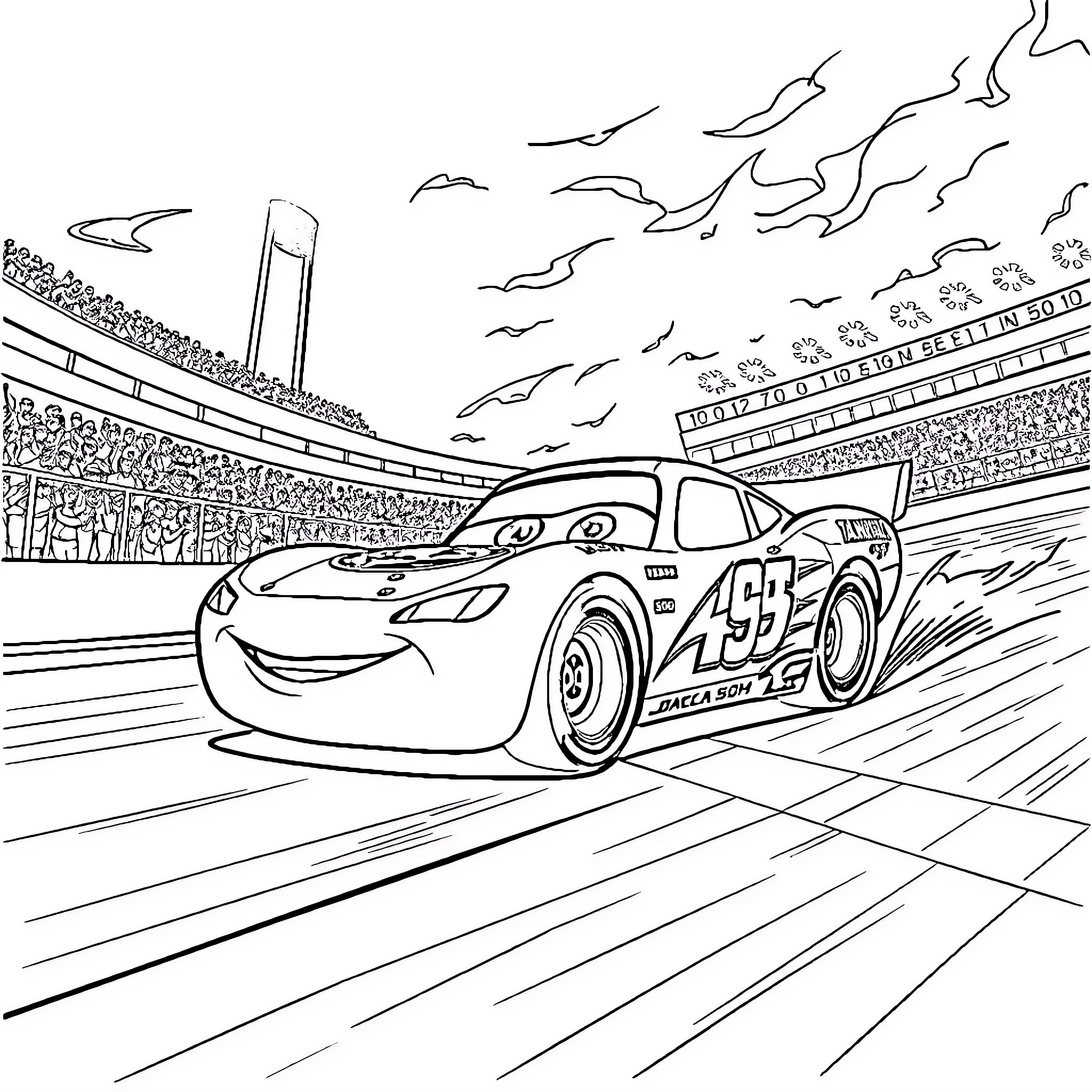 Lightning McQueen racing on the track Coloring Page (free black-and-white line drawing printable PDF for all, from beginners to advanced learners, including children, teens, adults, and seniors)