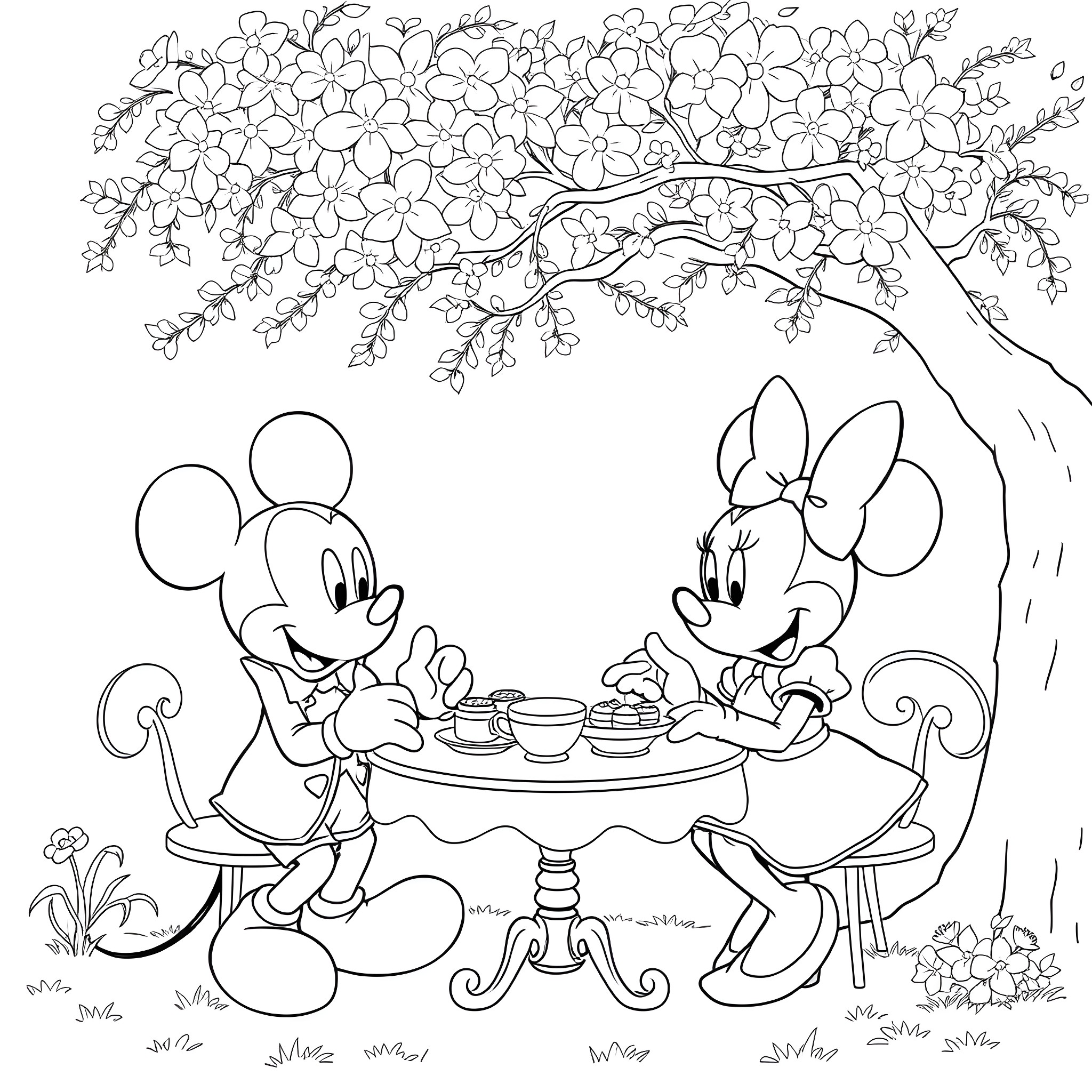 Mickey Mouse and Minnie Mouse having a picnic under a cherry blossom tree Coloring Page (free black-and-white line drawing printable PDF for all, from beginners to advanced learners, including children, teens, adults, and seniors)