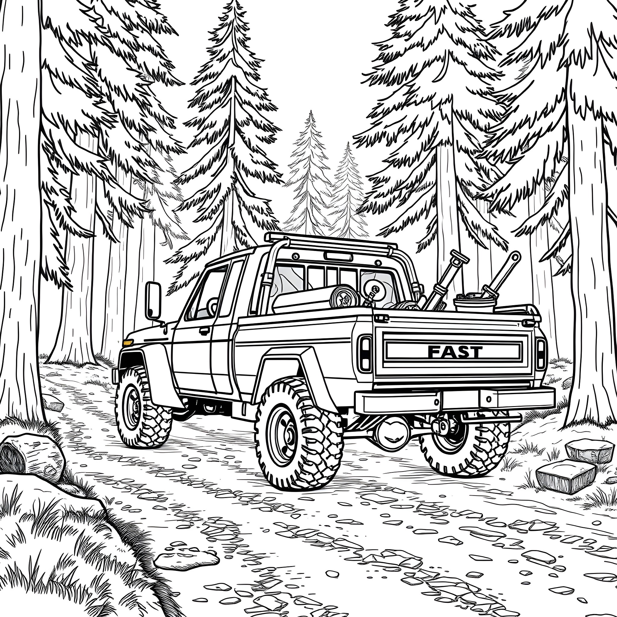 Truck traversing rugged terrain in forest Coloring Page (free black-and-white line drawing printable PDF for all, from beginners to advanced learners, including children, teens, adults, and seniors)