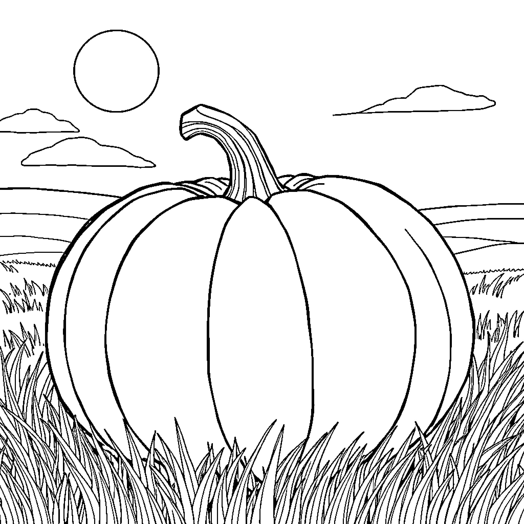 Pumpkin in an autumn landscape Coloring Page (free black-and-white line drawing printable PDF for all, from beginners to advanced learners, including children, teens, adults, and seniors)