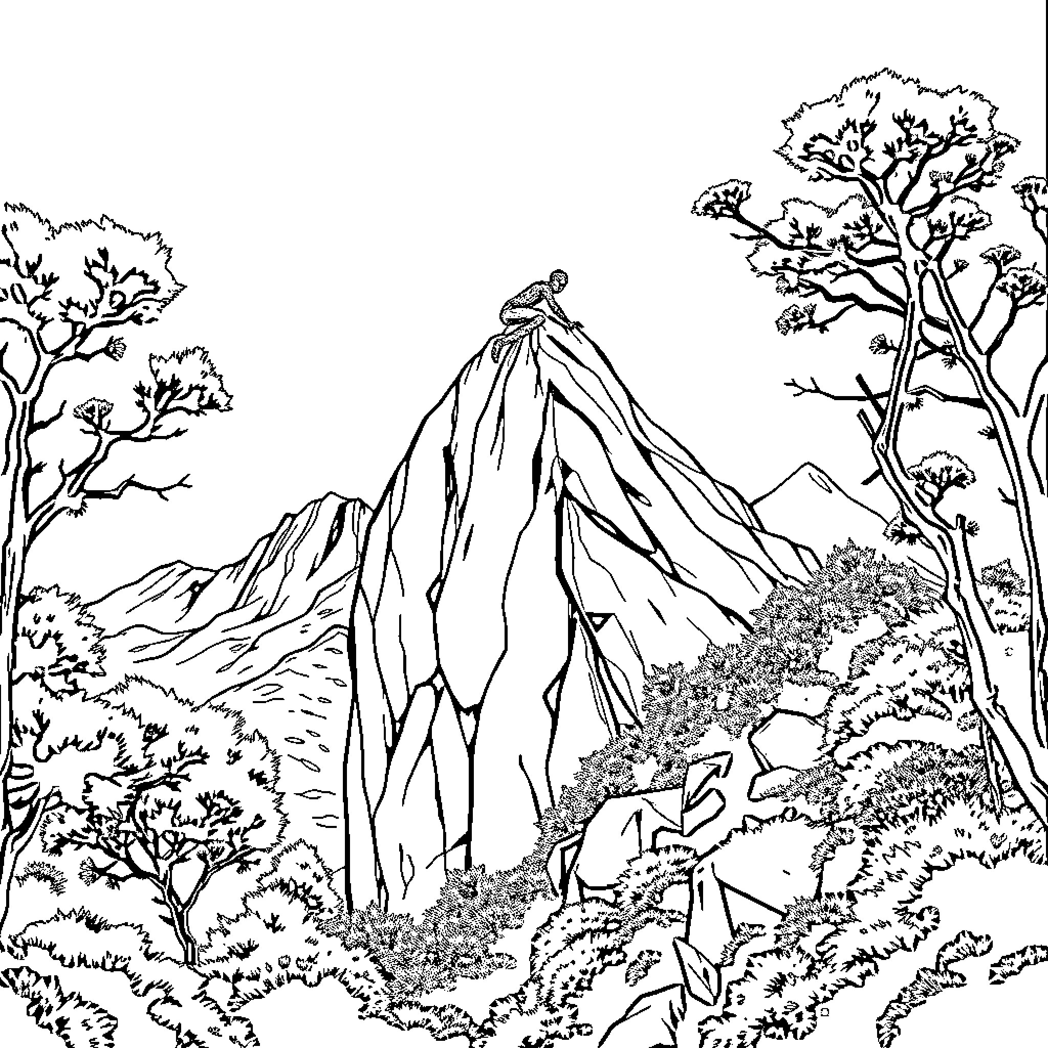 Spiderman exploring the majestic mountain landscape Coloring Page (free black-and-white line drawing printable PDF for all, from beginners to advanced learners, including children, teens, adults, and seniors)