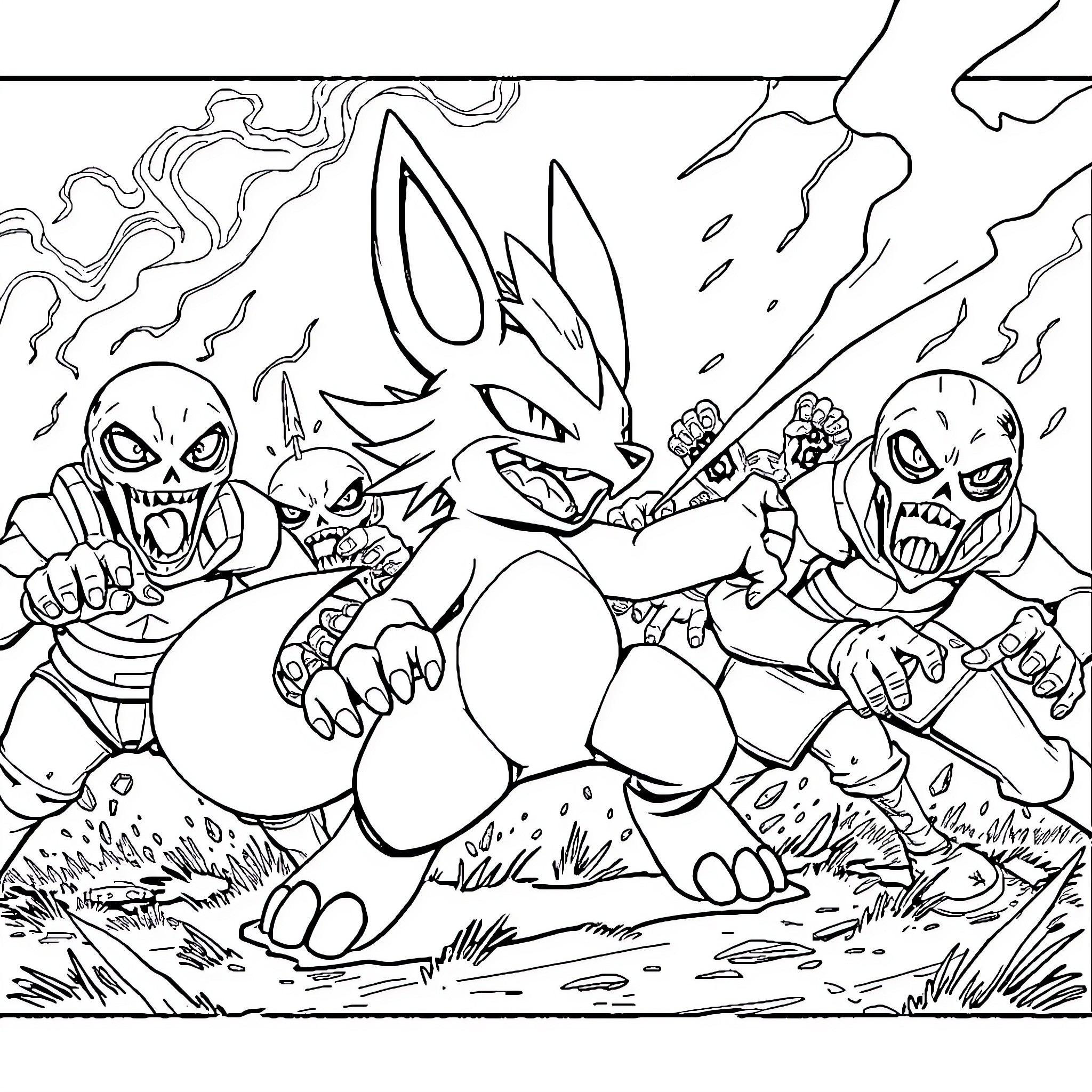 Lucario Battling Fierce Opponents in Intense Scene Coloring Page (free black-and-white line drawing printable PDF for all, from beginners to advanced learners, including children, teens, adults, and seniors)