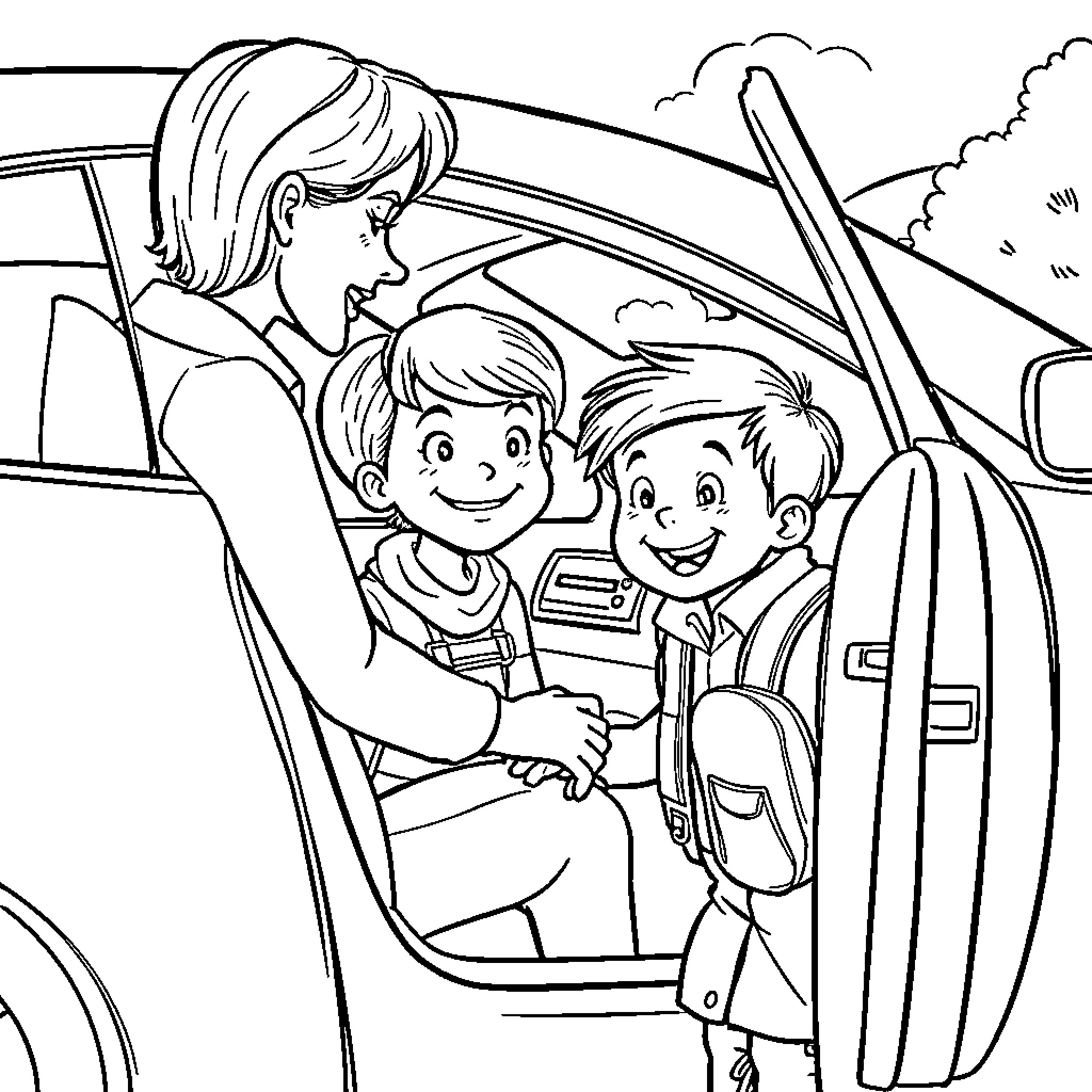 Kid enjoying car ride with family Coloring Page (free black-and-white line drawing printable PDF for all, from beginners to advanced learners, including children, teens, adults, and seniors)