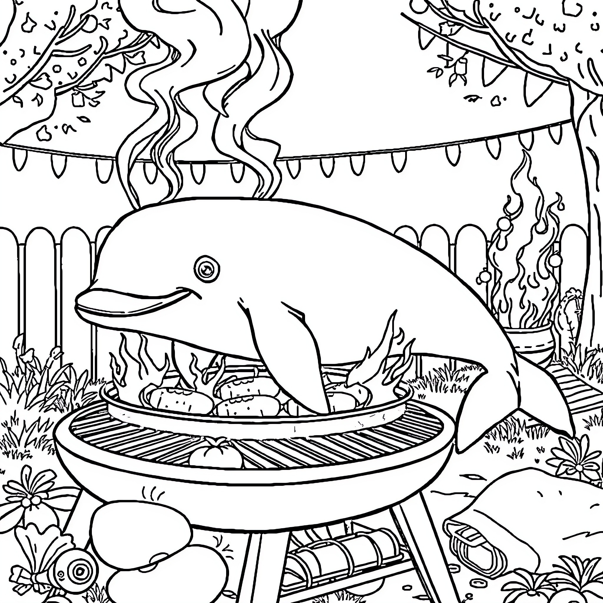 Beluga Whale enjoying a barbecue party in the garden Coloring Page (free black-and-white line drawing printable PDF for all, from beginners to advanced learners, including children, teens, adults, and seniors)