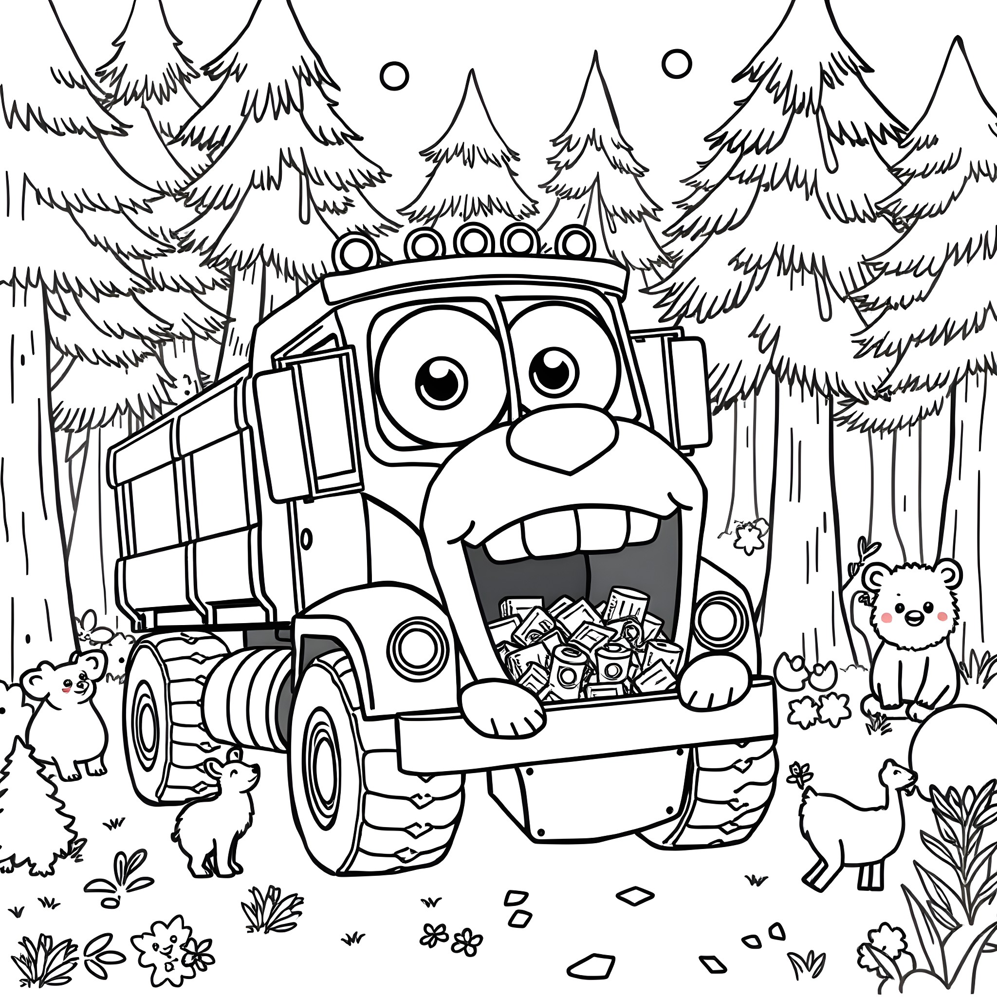 Truck with Smiling Face in Woodland Scene Coloring Page (free black-and-white line drawing printable PDF for all, from beginners to advanced learners, including children, teens, adults, and seniors)