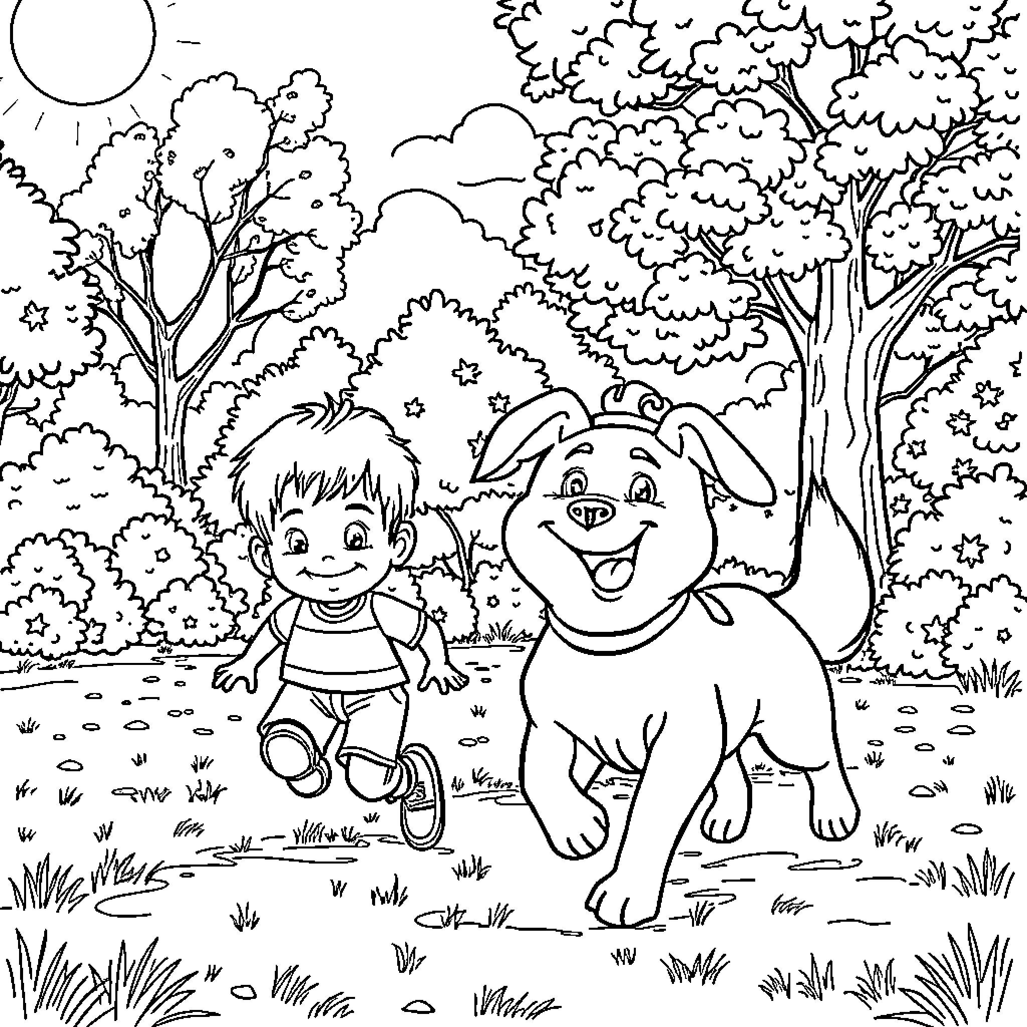Boy and his happy dog exploring the forest Coloring Page (free black-and-white line drawing printable PDF for all, from beginners to advanced learners, including children, teens, adults, and seniors)