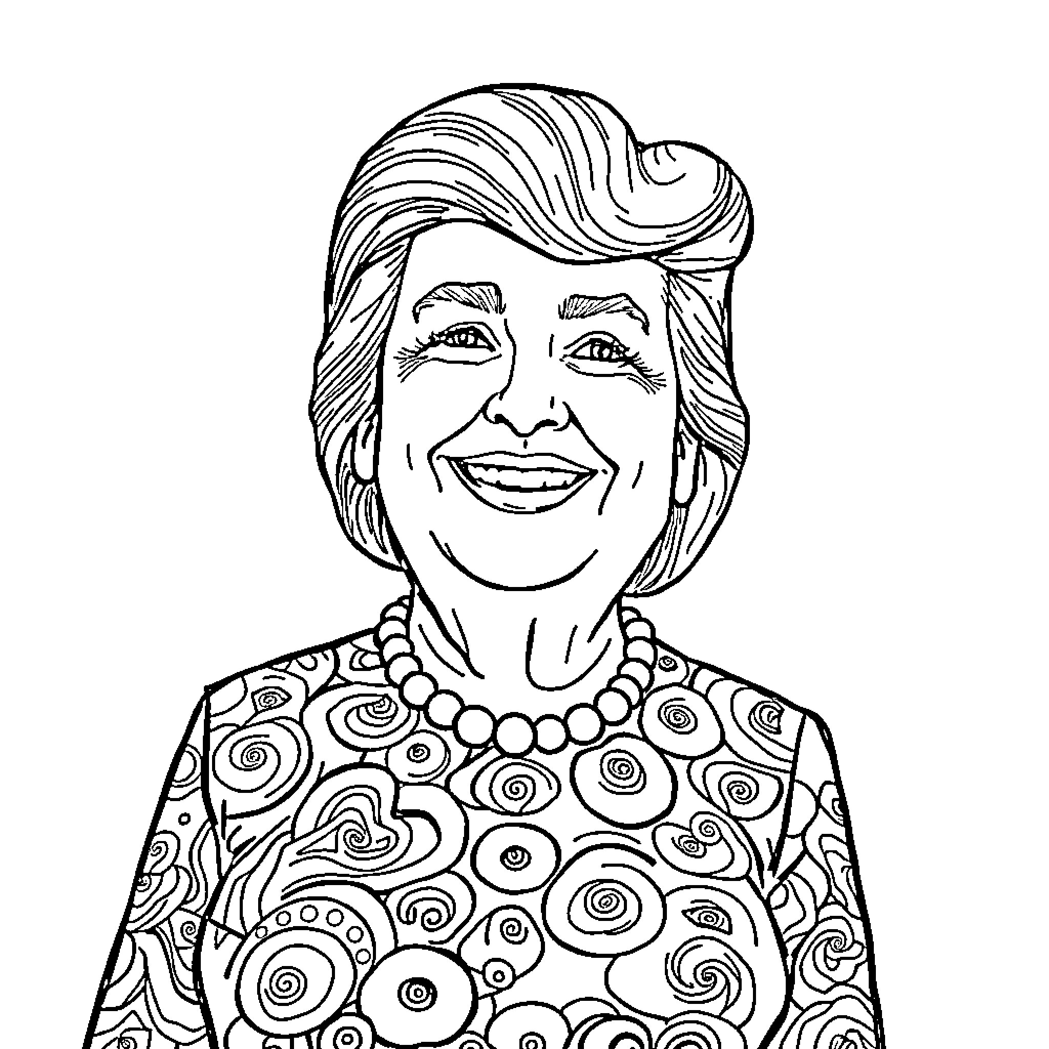 Trump engaging in lighthearted expression and attire Coloring Page (free black-and-white line drawing printable PDF for all, from beginners to advanced learners, including children, teens, adults, and seniors)