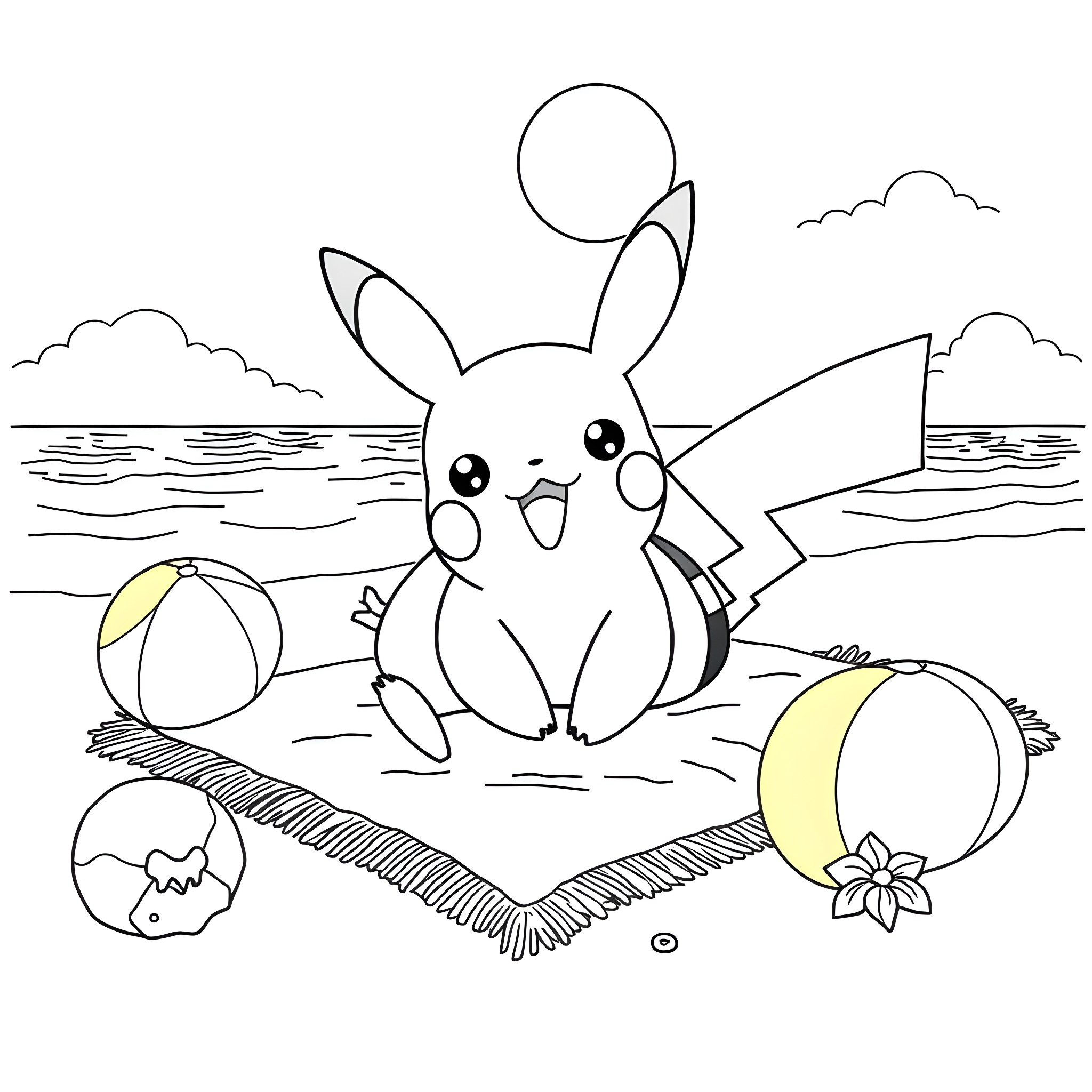 Pikachu playing happily on the beach Coloring Page (free black-and-white line drawing printable PDF for all, from beginners to advanced learners, including children, teens, adults, and seniors)