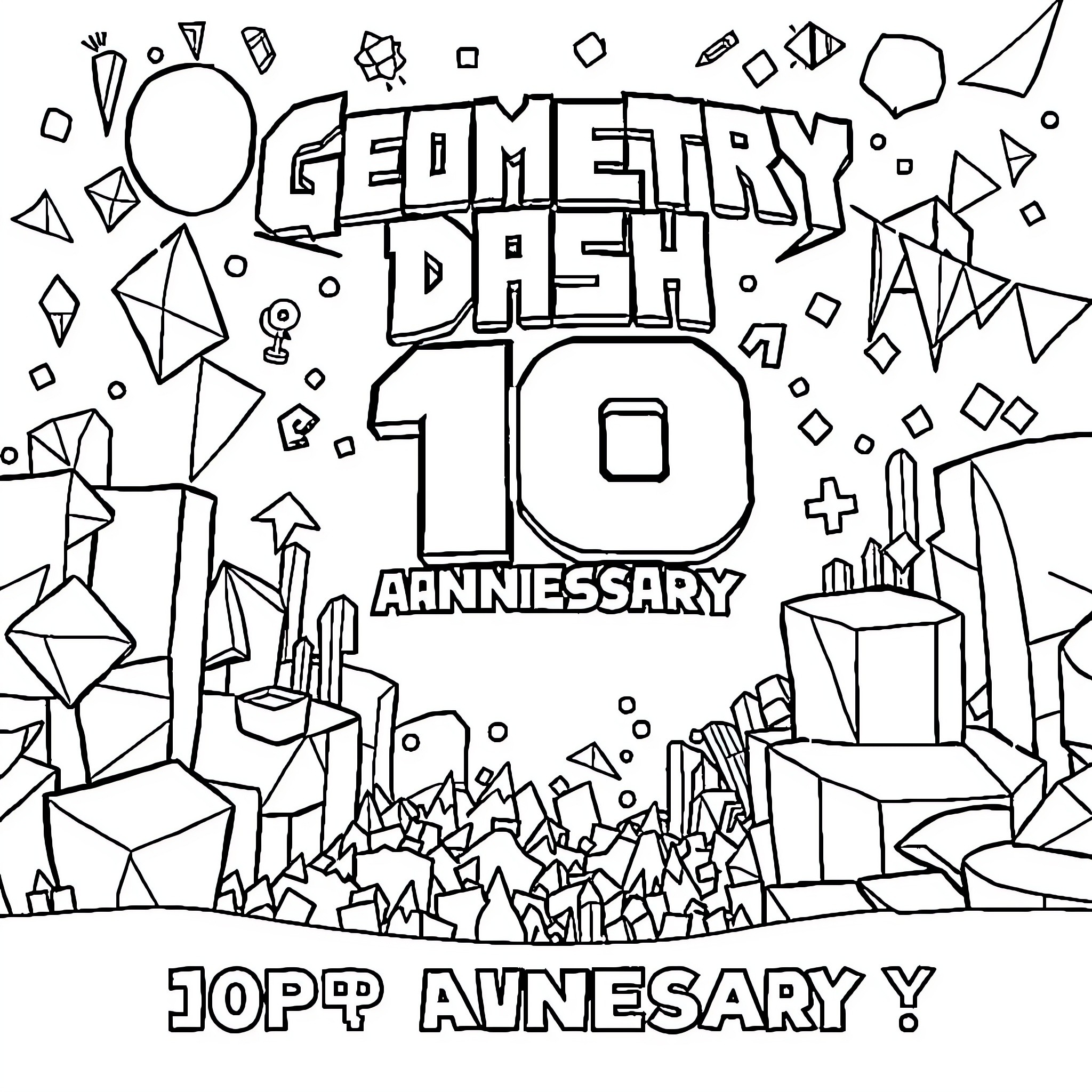Geometry Dash 10th Anniversary Celebration Coloring Page (free black-and-white line drawing printable PDF for all, from beginners to advanced learners, including children, teens, adults, and seniors)