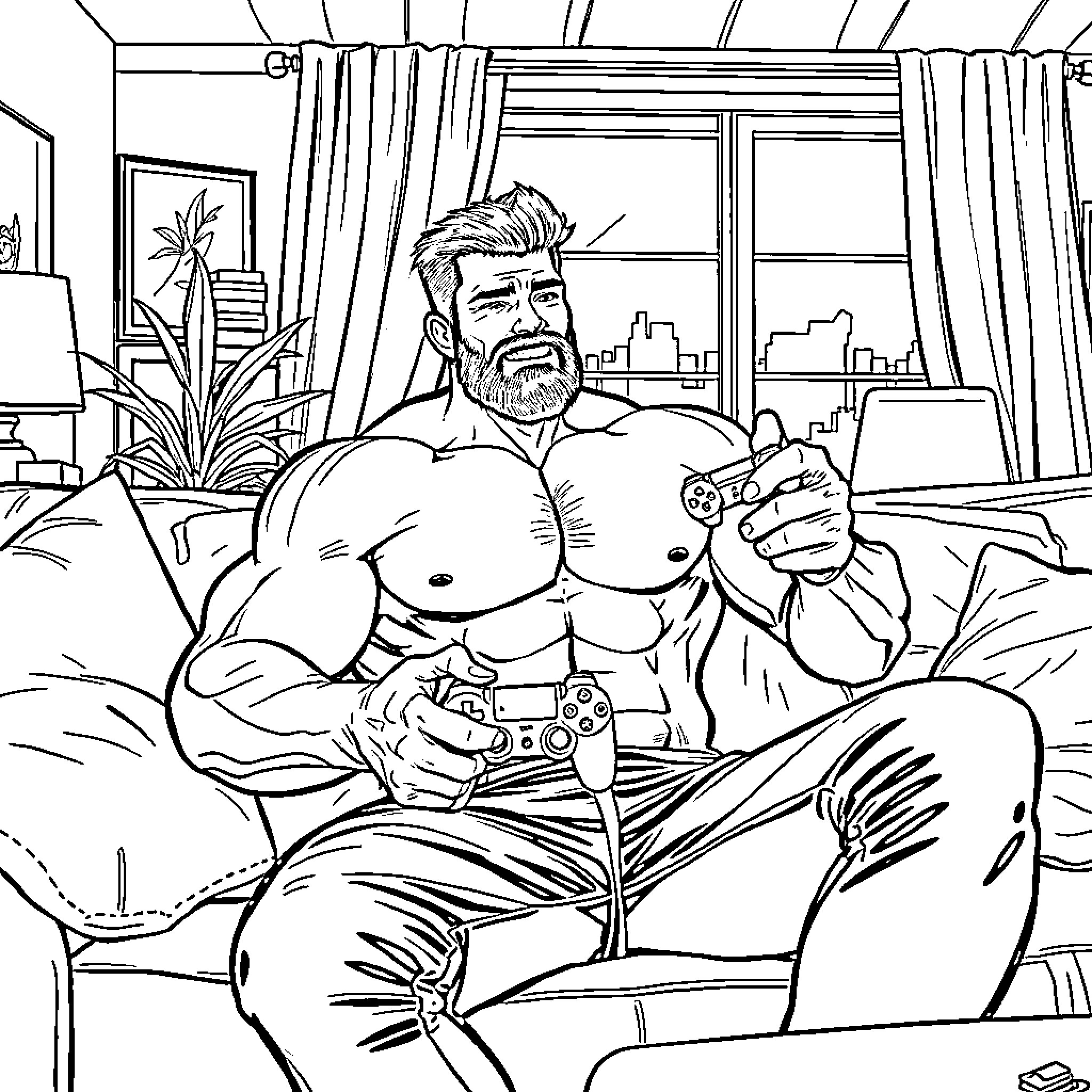 Man Relaxing and Playing Video Game in Apartment Coloring Page (free black-and-white line drawing printable PDF for all, from beginners to advanced learners, including children, teens, adults, and seniors)