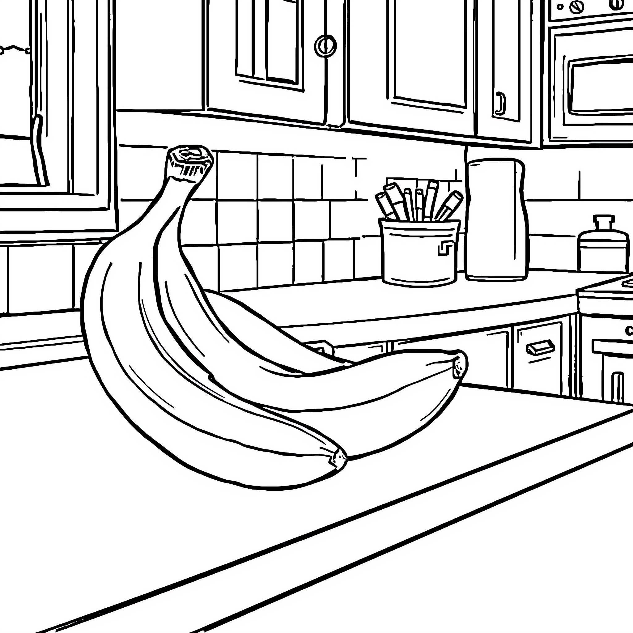 Banana in the Kitchen Coloring Page (free black-and-white line drawing printable PDF for all, from beginners to advanced learners, including children, teens, adults, and seniors)