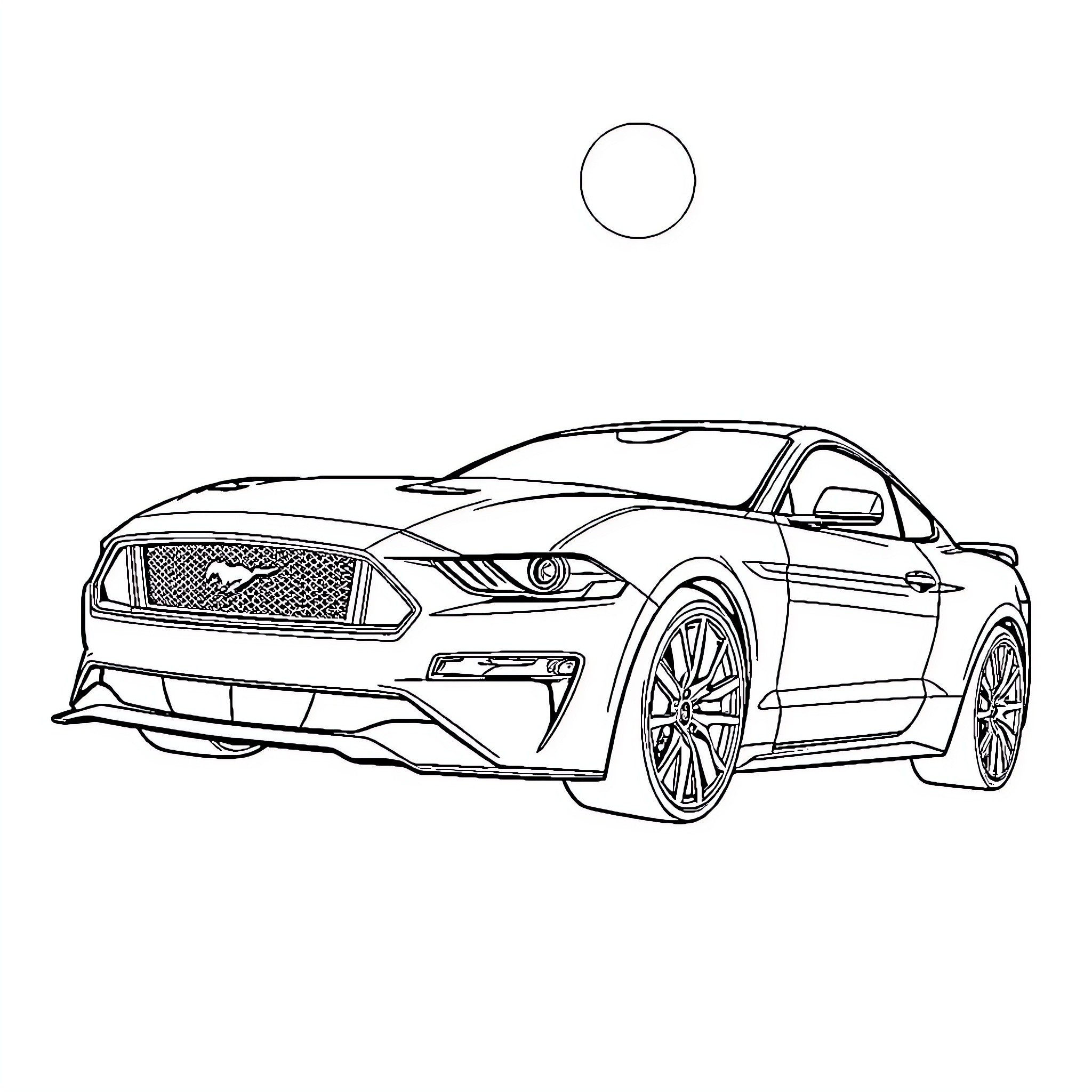 Mustang sports car in action Coloring Page (free black-and-white line drawing printable PDF for all, from beginners to advanced learners, including children, teens, adults, and seniors)