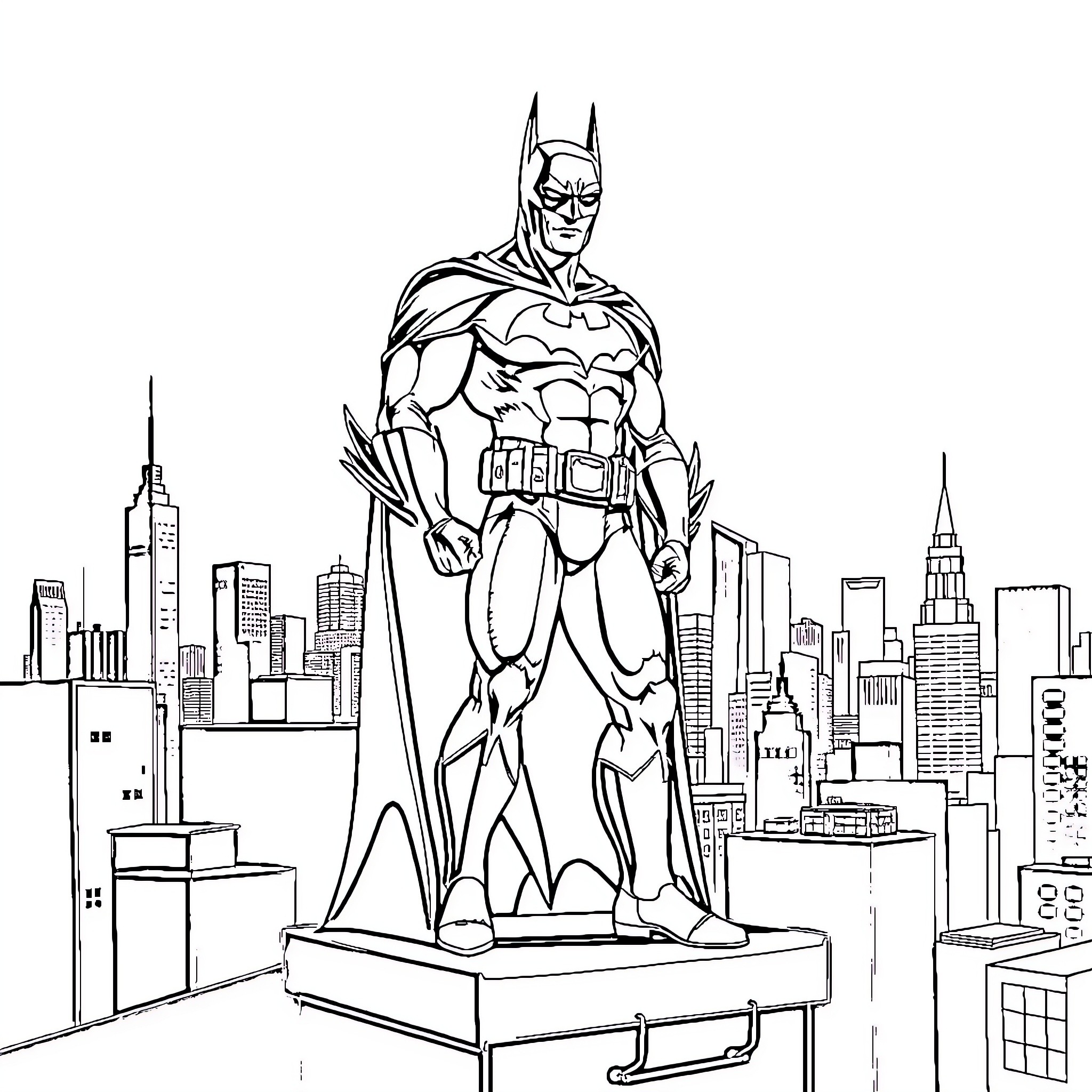 Batman standing tall in the city skyline Coloring Page (free black-and-white line drawing printable PDF for all, from beginners to advanced learners, including children, teens, adults, and seniors)