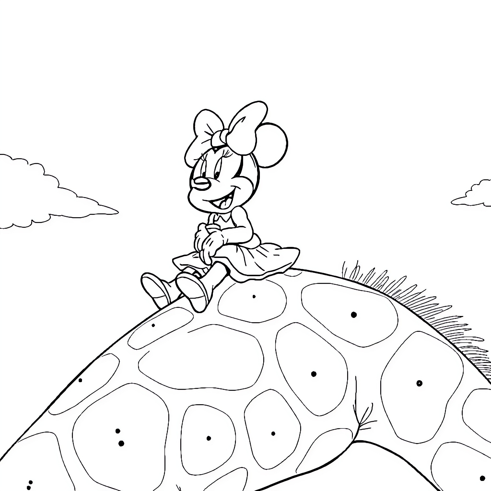 Minnie sitting on a giant turtle in the clouds Coloring Page (free black-and-white line drawing printable PDF for all, from beginners to advanced learners, including children, teens, adults, and seniors)