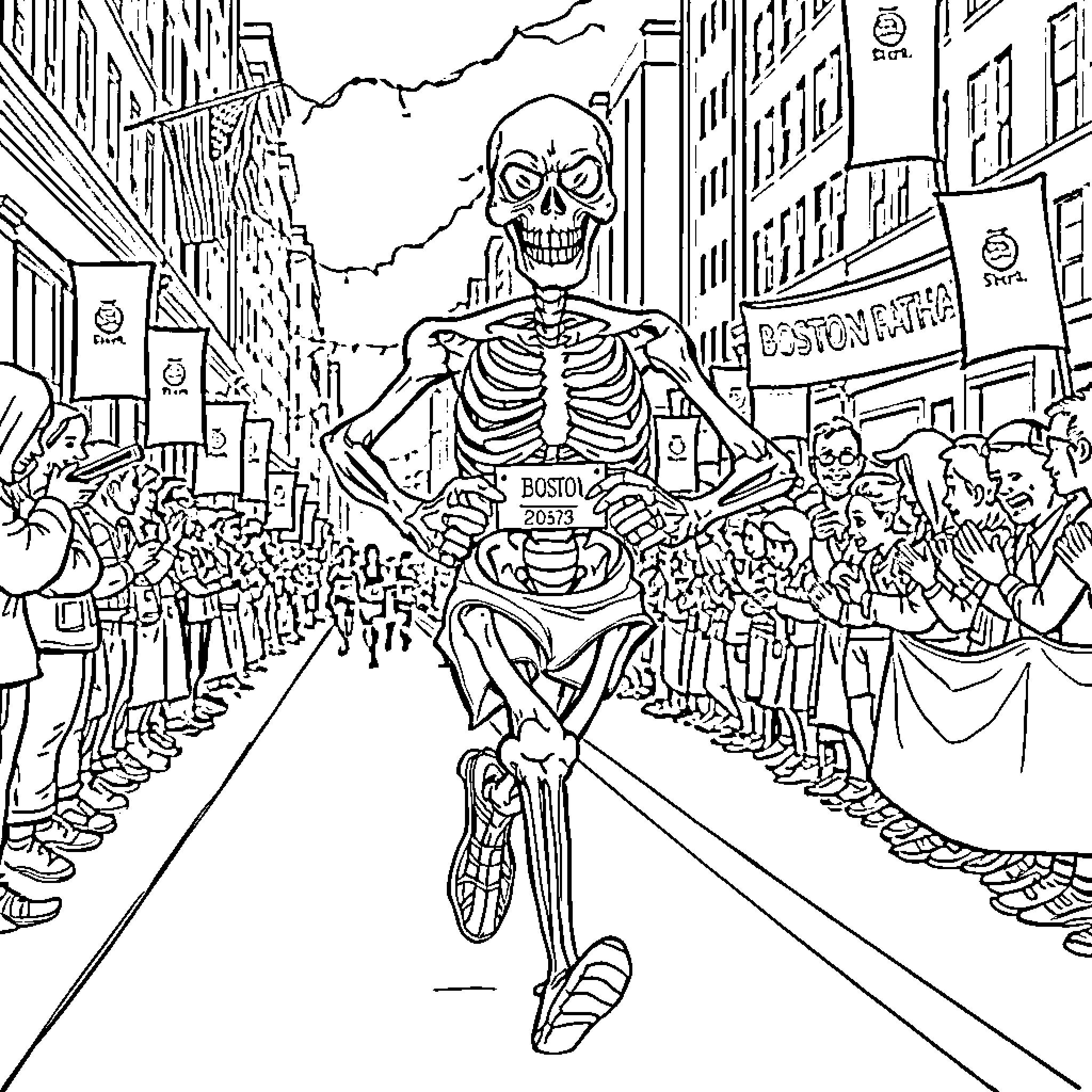 Skeletor leading a crowd of skeletal figures down a city street Coloring Page (free black-and-white line drawing printable PDF for all, from beginners to advanced learners, including children, teens, adults, and seniors)