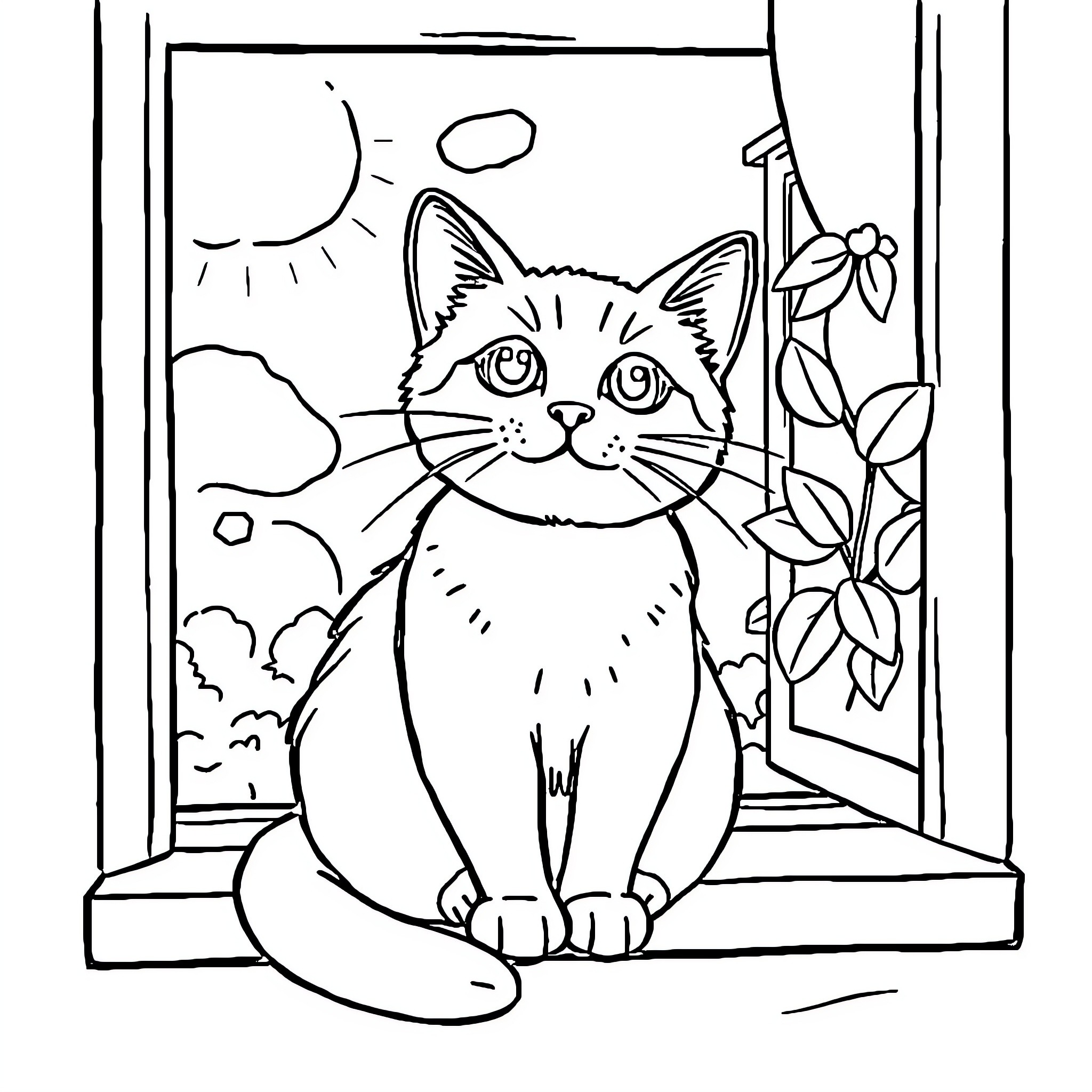 Cat looking out window at flowers Coloring Page (free black-and-white line drawing printable PDF for all, from beginners to advanced learners, including children, teens, adults, and seniors)