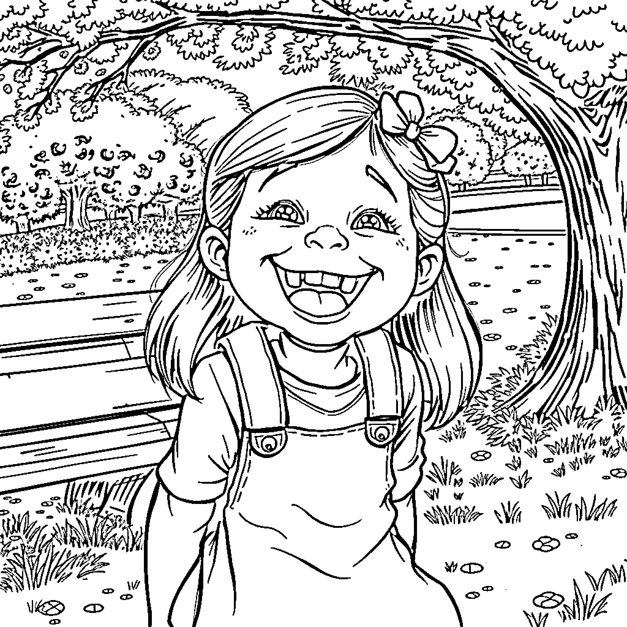 Girl enjoying the outdoors with a big smile Coloring Page (free black-and-white line drawing printable PDF for all, from beginners to advanced learners, including children, teens, adults, and seniors)