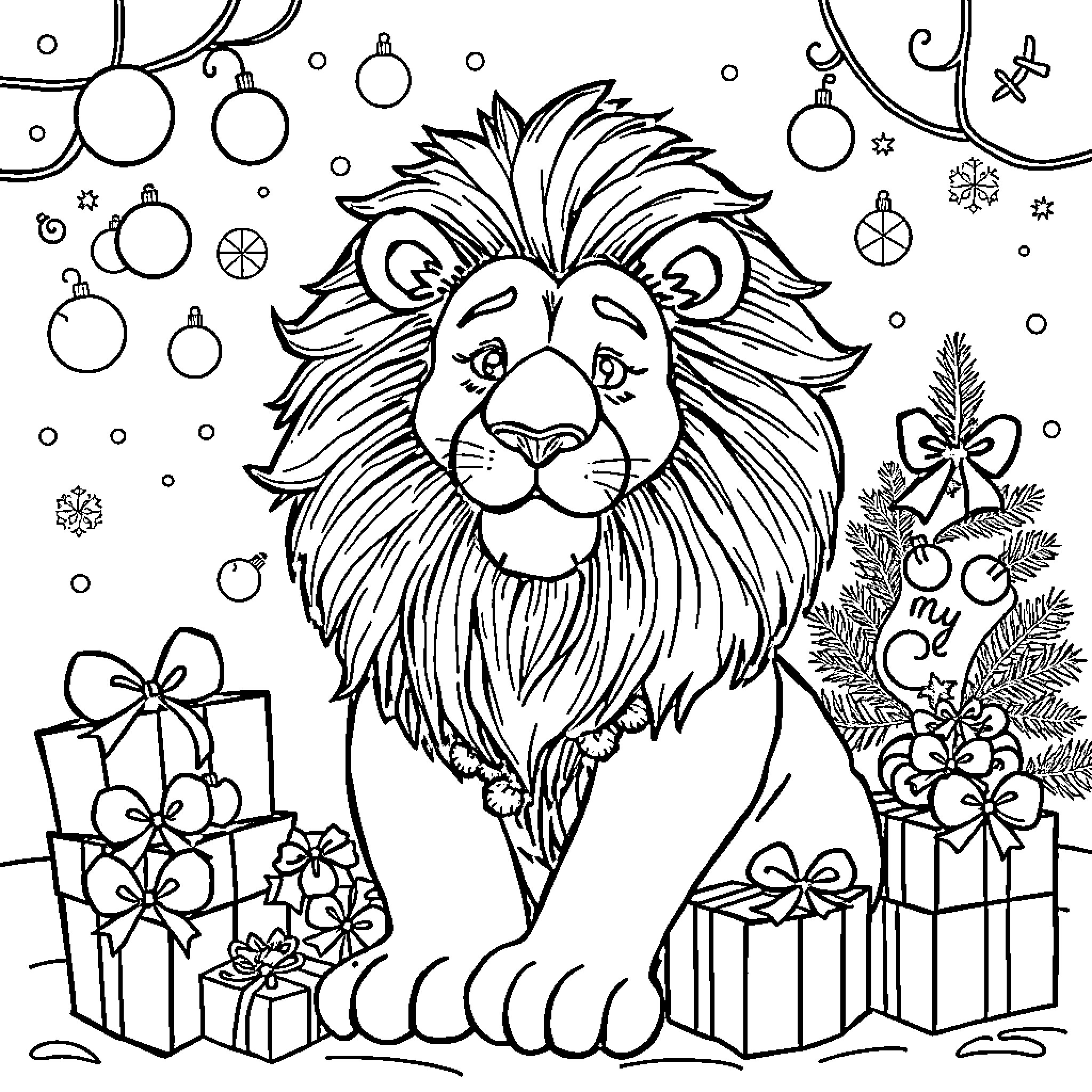 Lion Celebrating Christmas with Gifts and Ornaments Coloring Page (free black-and-white line drawing printable PDF for all, from beginners to advanced learners, including children, teens, adults, and seniors)