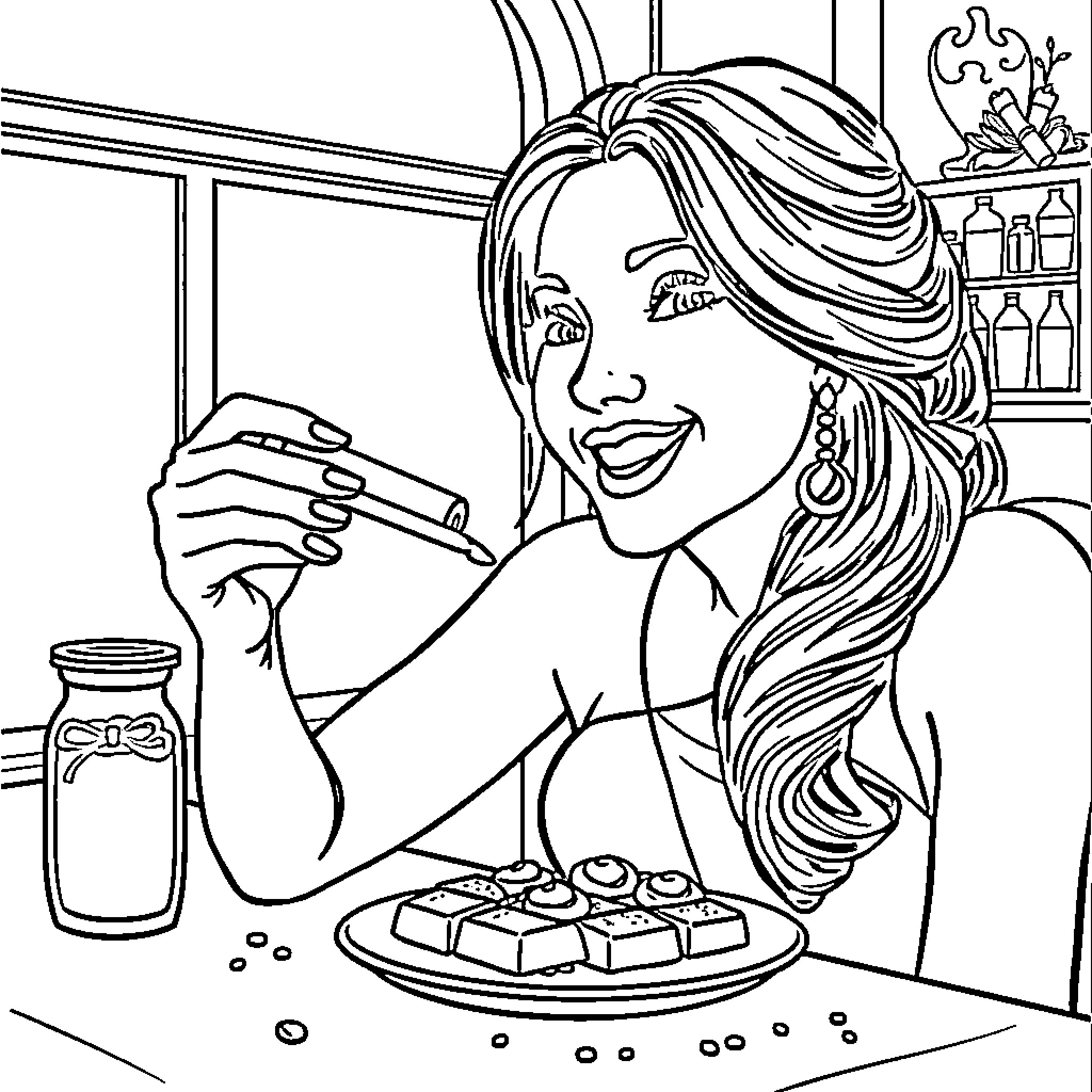 Levana Enjoying Treats in a Cozy Kitchen Coloring Page (free black-and-white line drawing printable PDF for all, from beginners to advanced learners, including children, teens, adults, and seniors)