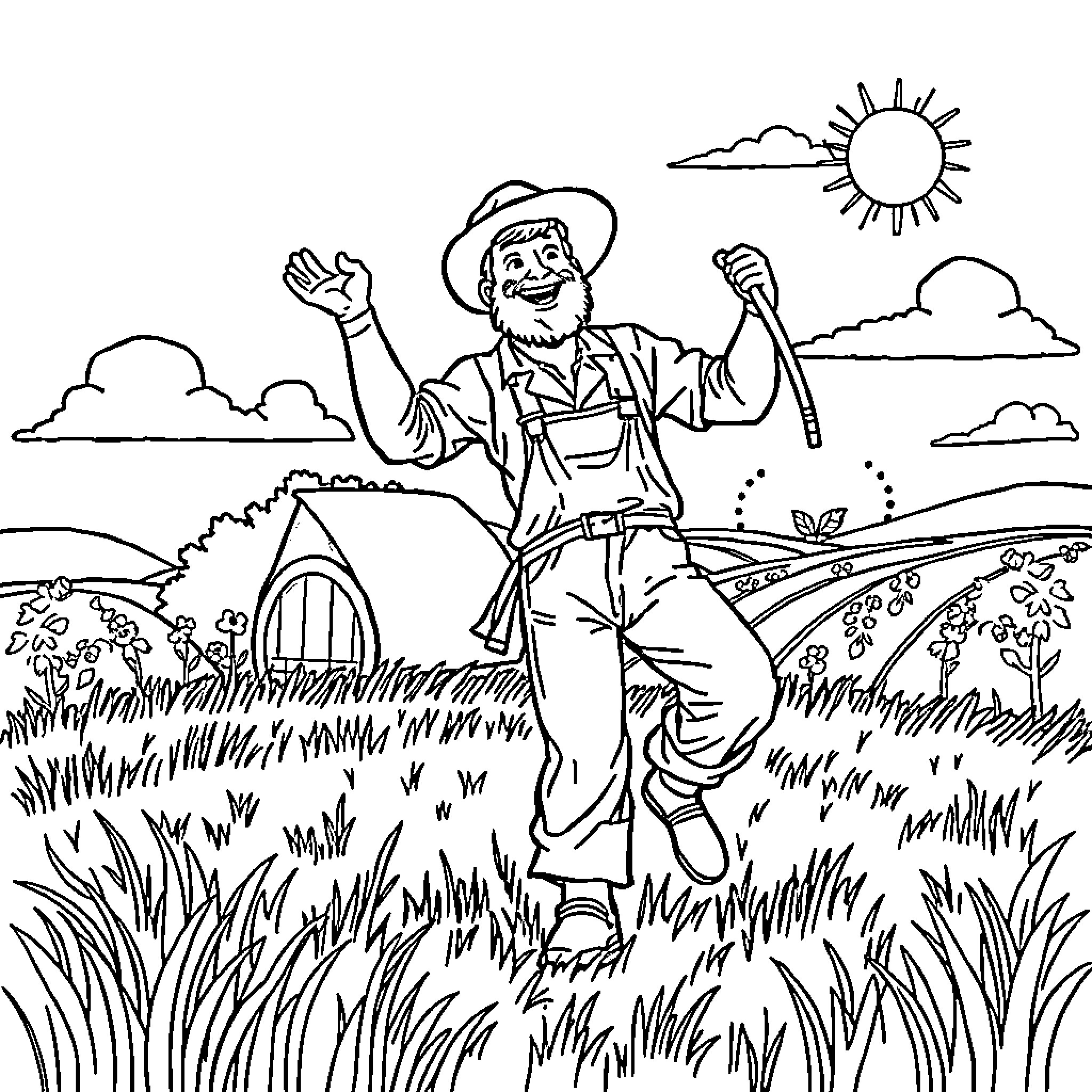 Farmer at Work in Scenic Countryside Coloring Page (free black-and-white line drawing printable PDF for all, from beginners to advanced learners, including children, teens, adults, and seniors)