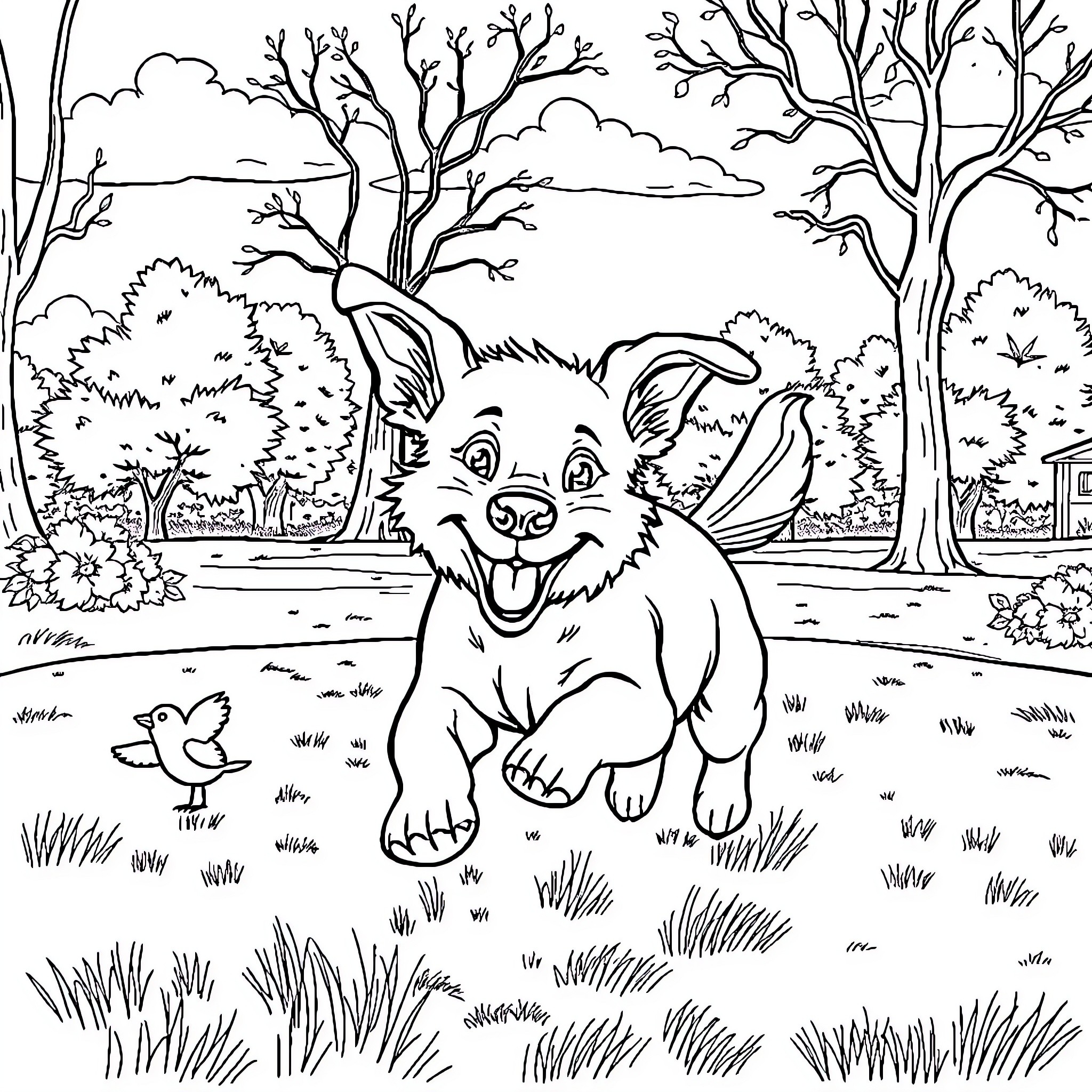 Dog playing in the woodland park Coloring Page (free black-and-white line drawing printable PDF for all, from beginners to advanced learners, including children, teens, adults, and seniors)