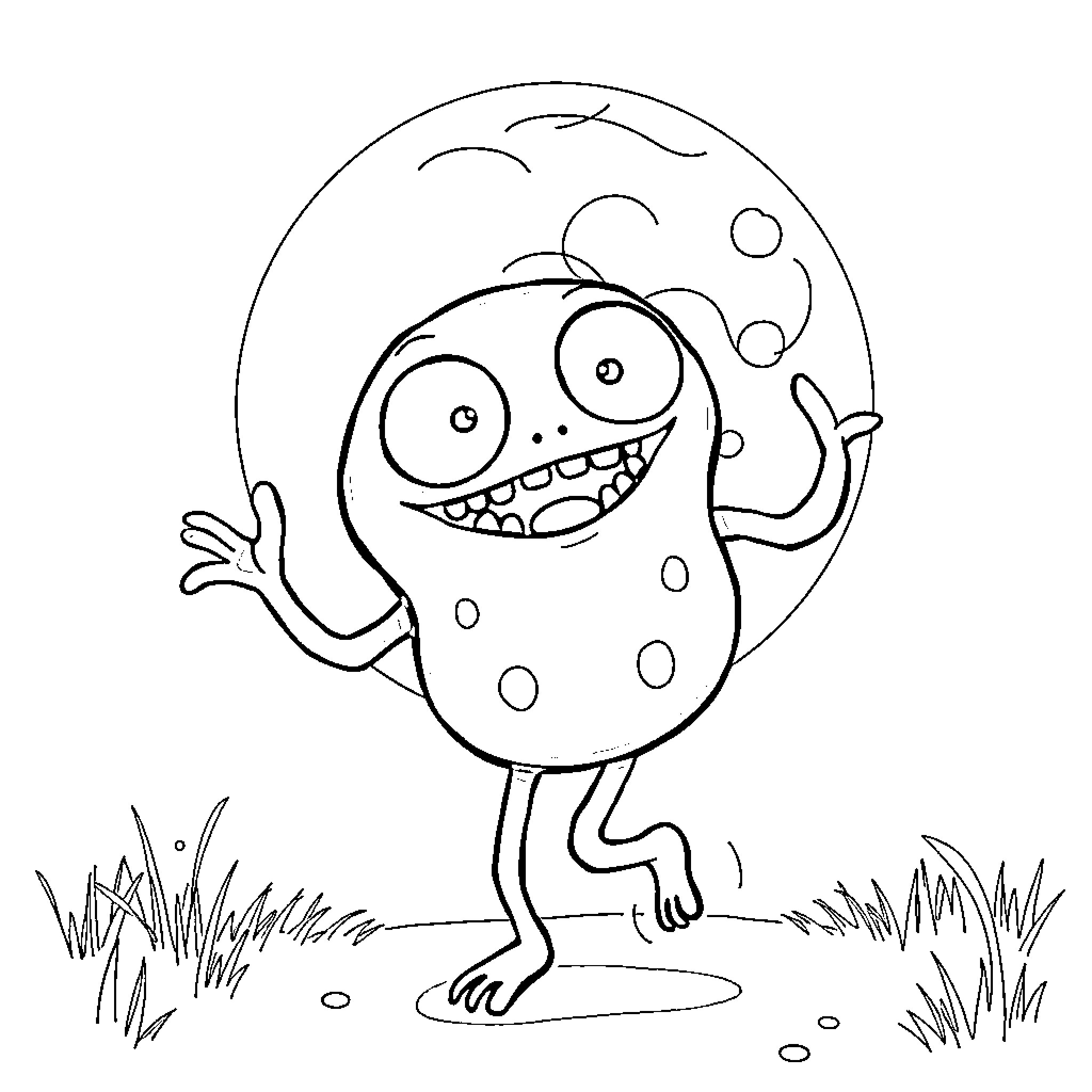 Purple People Eater Waves Happily in the Grass Coloring Page (free black-and-white line drawing printable PDF for all, from beginners to advanced learners, including children, teens, adults, and seniors)