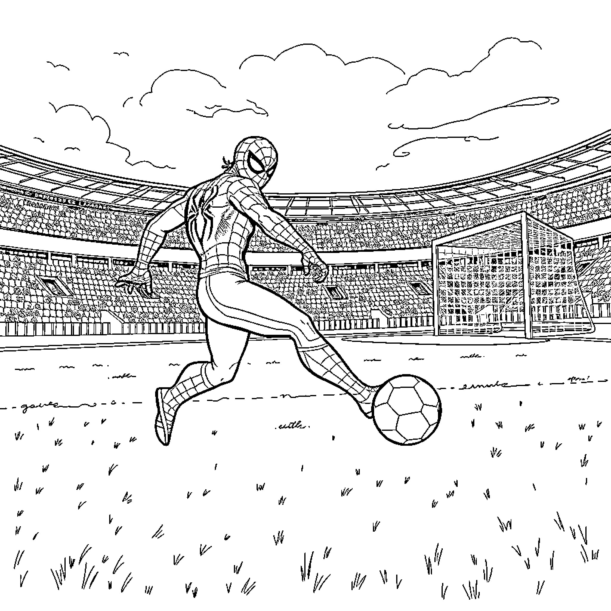 Spiderman kicking a soccer ball in a stadium Coloring Page (free black-and-white line drawing printable PDF for all, from beginners to advanced learners, including children, teens, adults, and seniors)