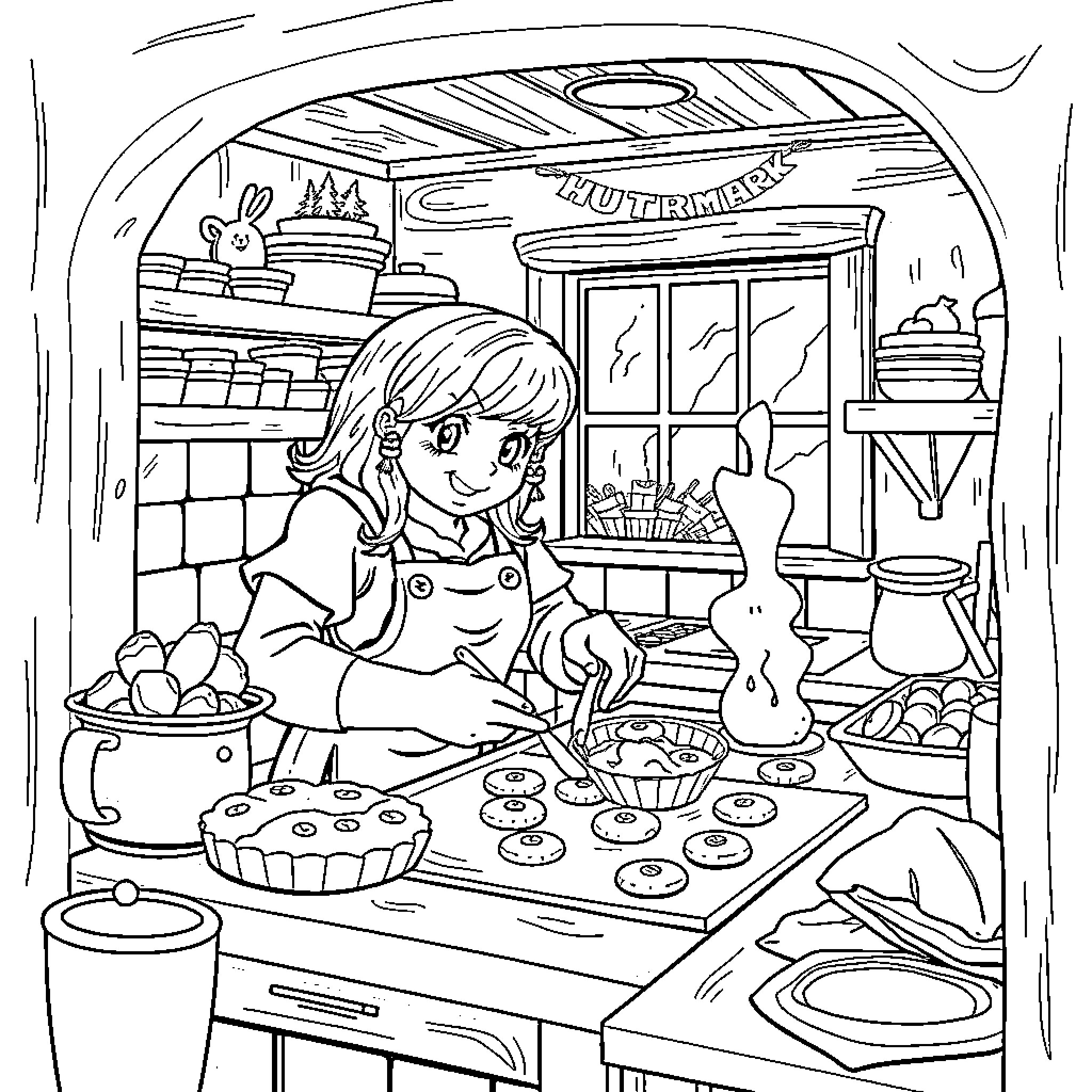 Huntrx's Cozy Kitchen Scene of Baking and Cooking Coloring Page (free black-and-white line drawing printable PDF for all, from beginners to advanced learners, including children, teens, adults, and seniors)