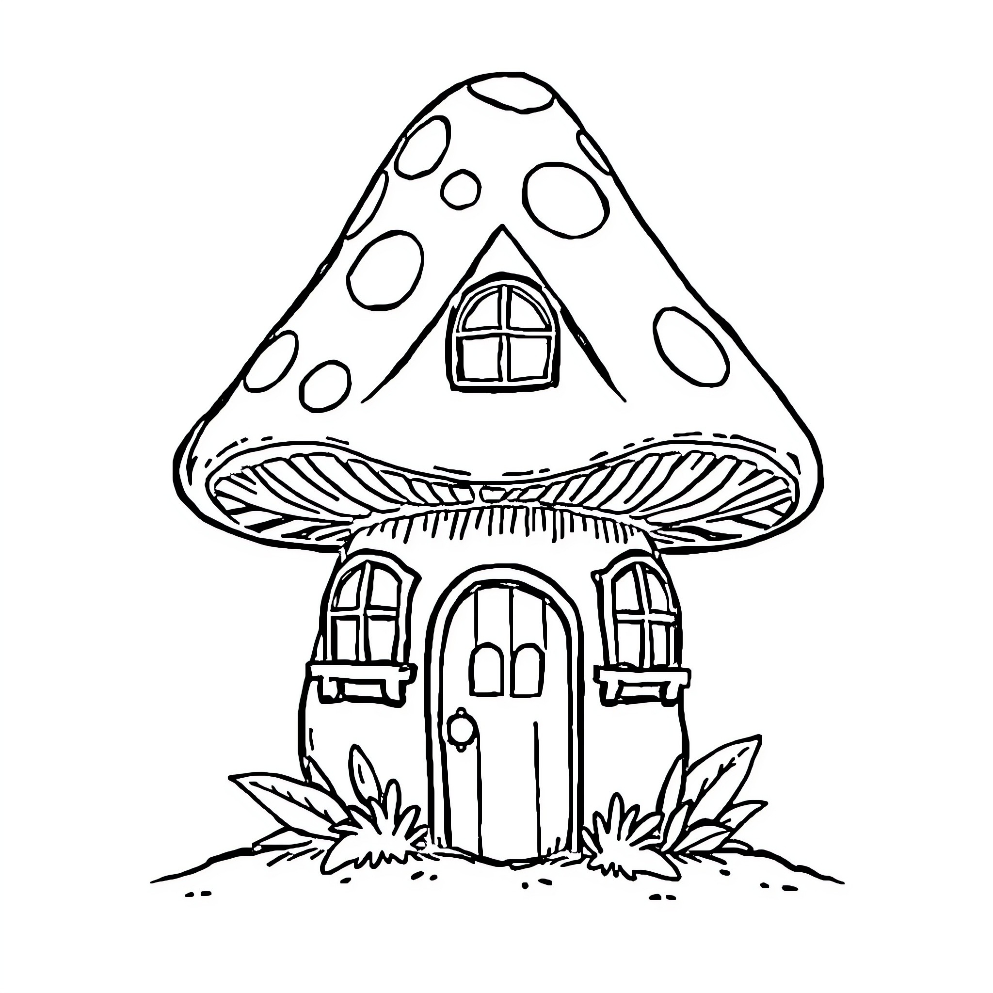 Mushroom house with charming details Coloring Page (free black-and-white line drawing printable PDF for all, from beginners to advanced learners, including children, teens, adults, and seniors)