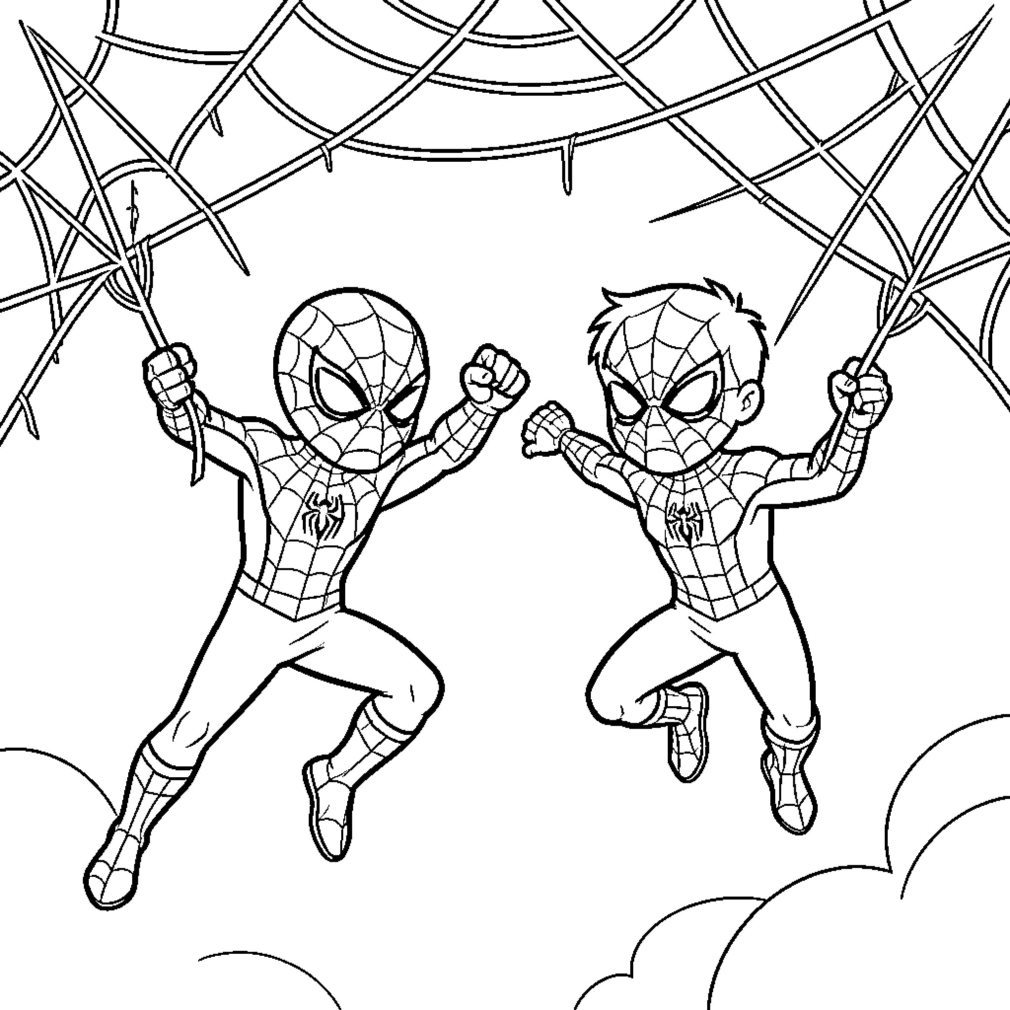 Spiderman swinging through the air using webs Coloring Page (free black-and-white line drawing printable PDF for all, from beginners to advanced learners, including children, teens, adults, and seniors)
