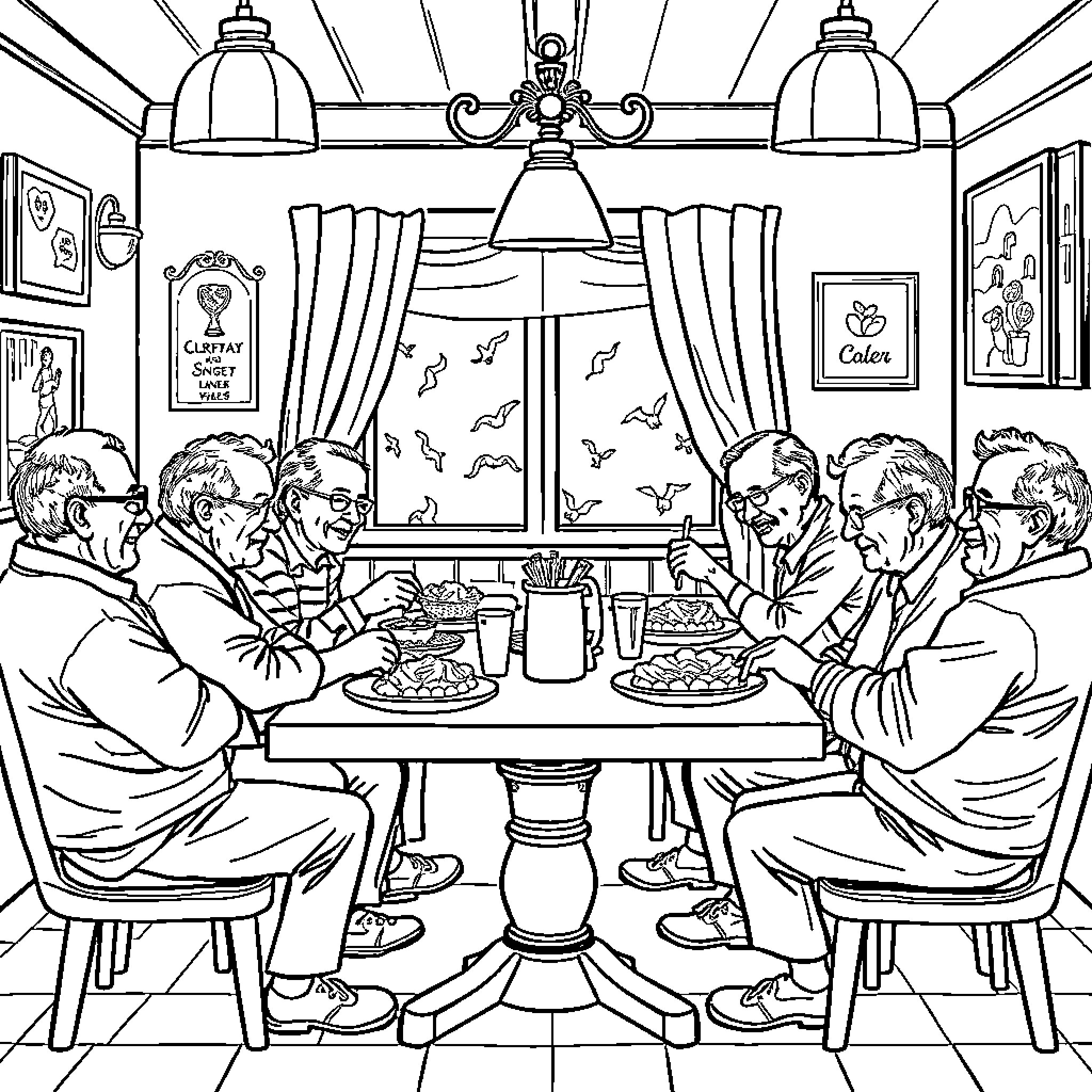 Person enjoying meal with group in dining room Coloring Page (free black-and-white line drawing printable PDF for all, from beginners to advanced learners, including children, teens, adults, and seniors)