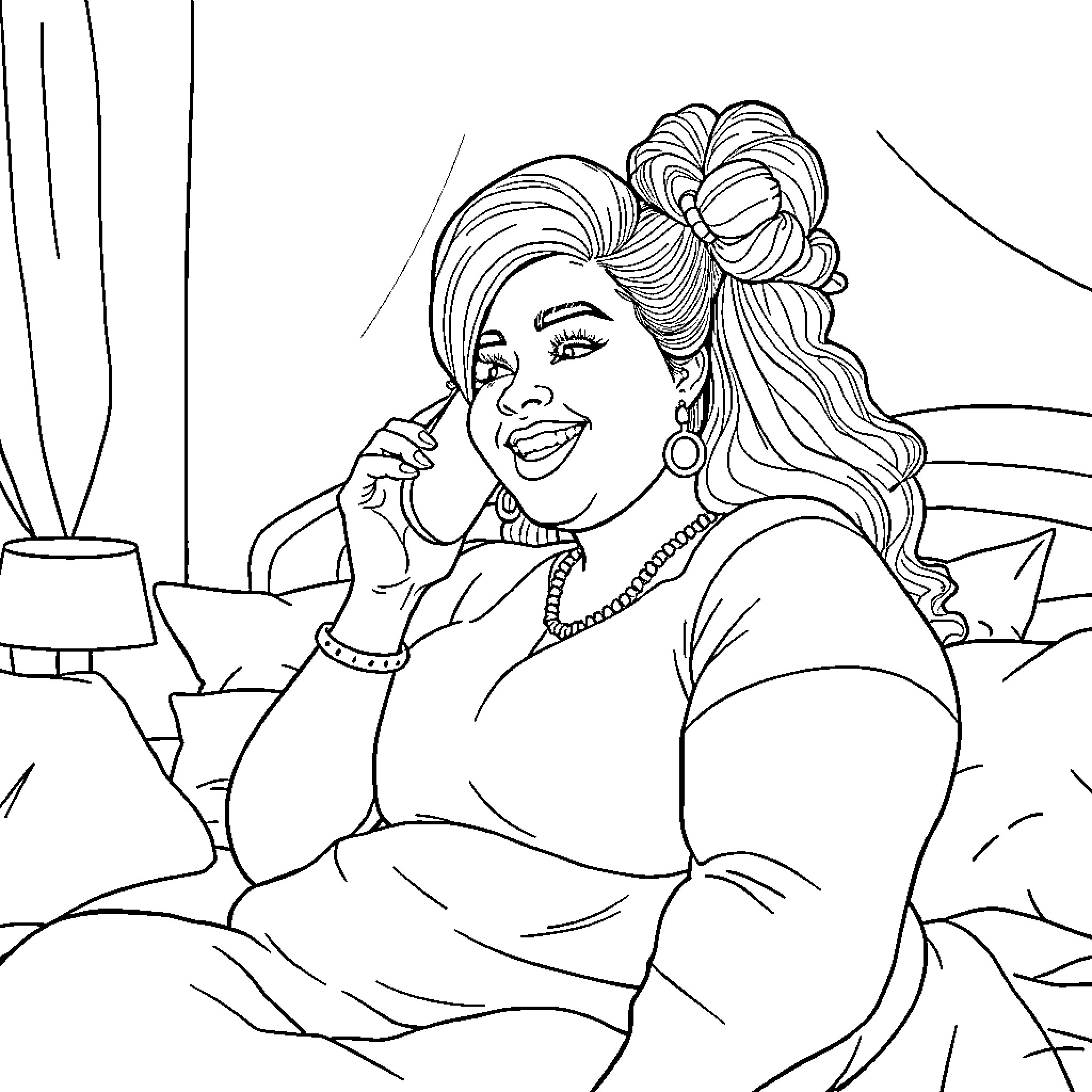 Girl in Thoughtful Pose with Stylish Hairstyle Coloring Page (free black-and-white line drawing printable PDF for all, from beginners to advanced learners, including children, teens, adults, and seniors)