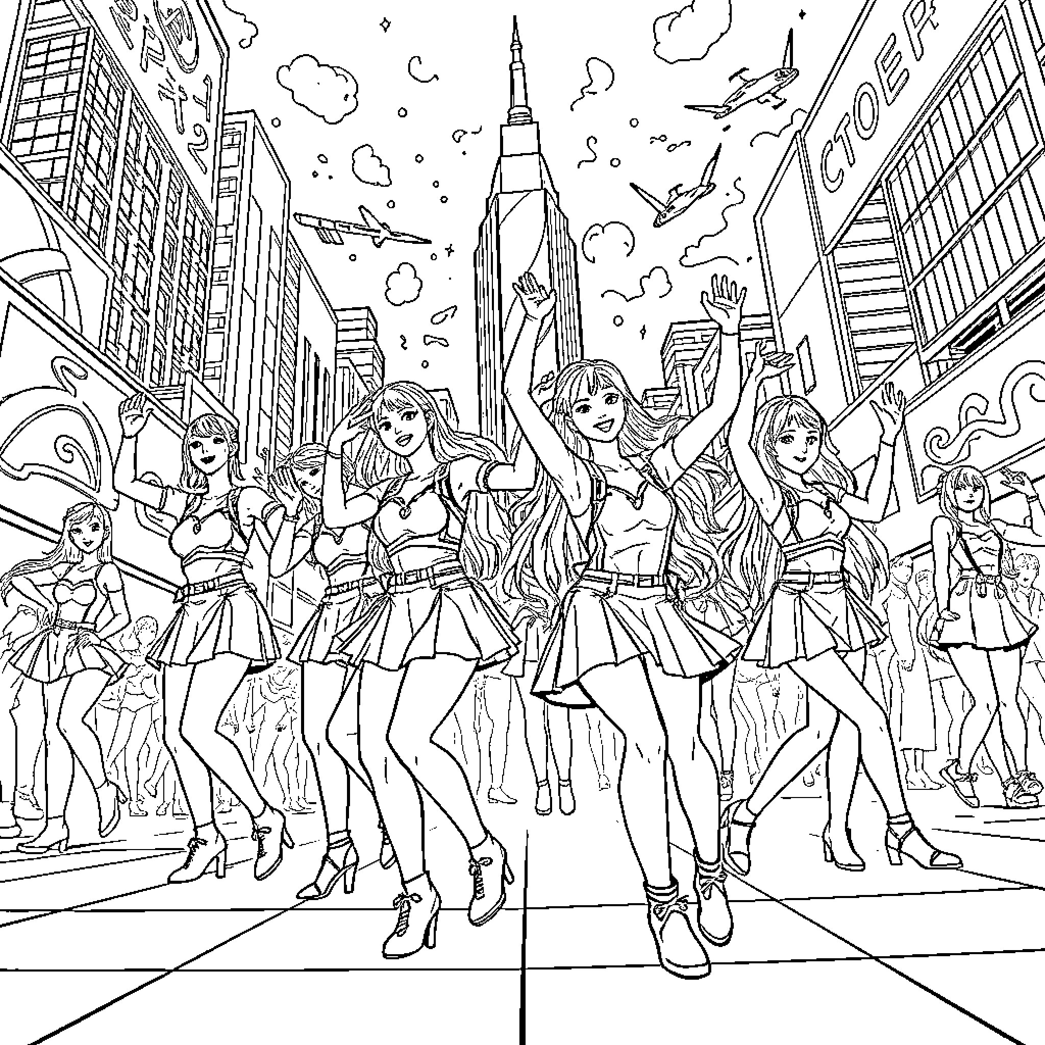 K Pop Warrior Dancers Performing in the City Coloring Page (free black-and-white line drawing printable PDF for all, from beginners to advanced learners, including children, teens, adults, and seniors)