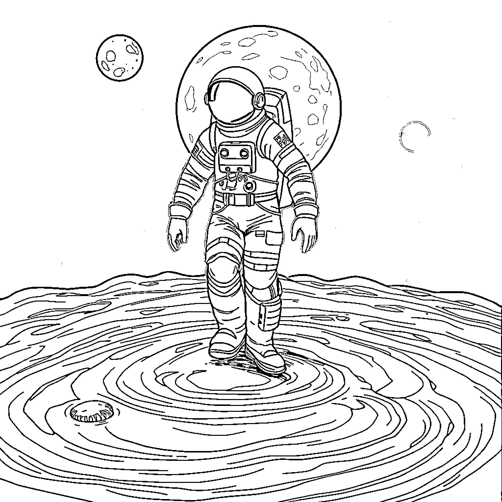 Astronaut exploring the lunar surface Coloring Page (free black-and-white line drawing printable PDF for all, from beginners to advanced learners, including children, teens, adults, and seniors)