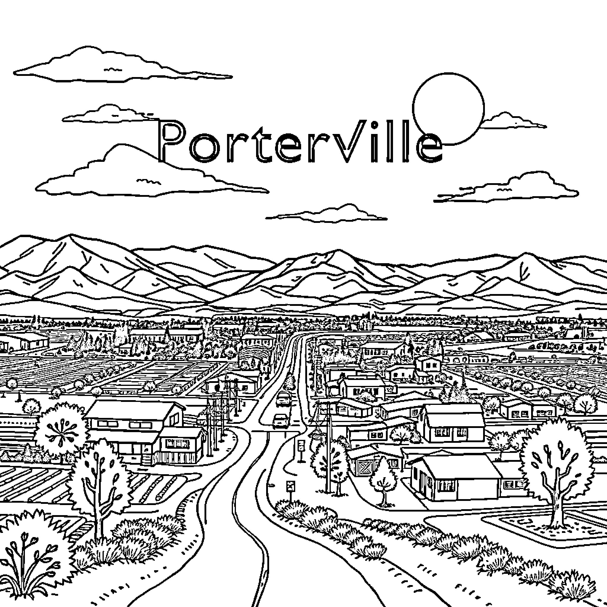 Porterville: A Scenic City Landscape Coloring Page (free black-and-white line drawing printable PDF for all, from beginners to advanced learners, including children, teens, adults, and seniors)