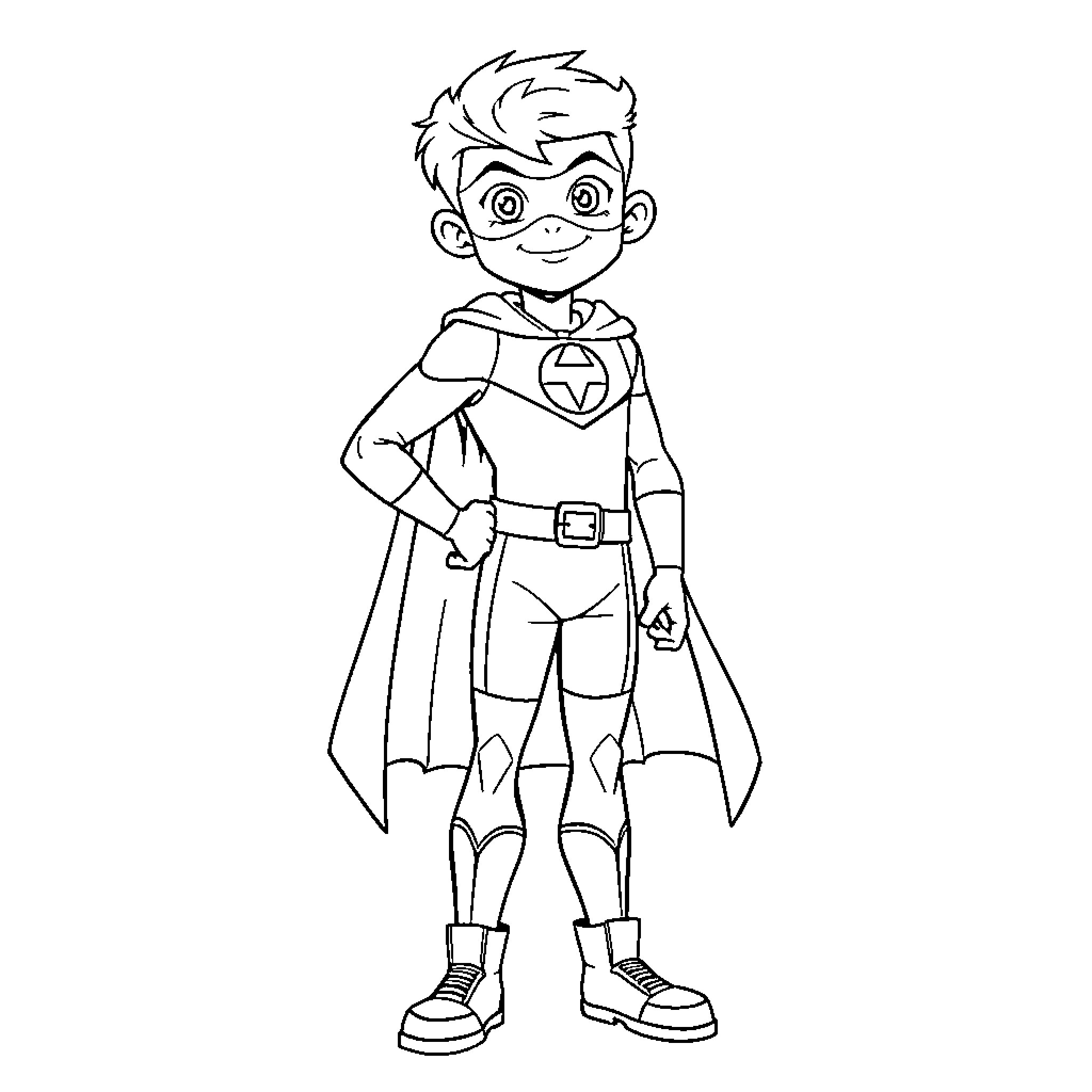 Superhero in costume with determined expression Coloring Page (free black-and-white line drawing printable PDF for all, from beginners to advanced learners, including children, teens, adults, and seniors)
