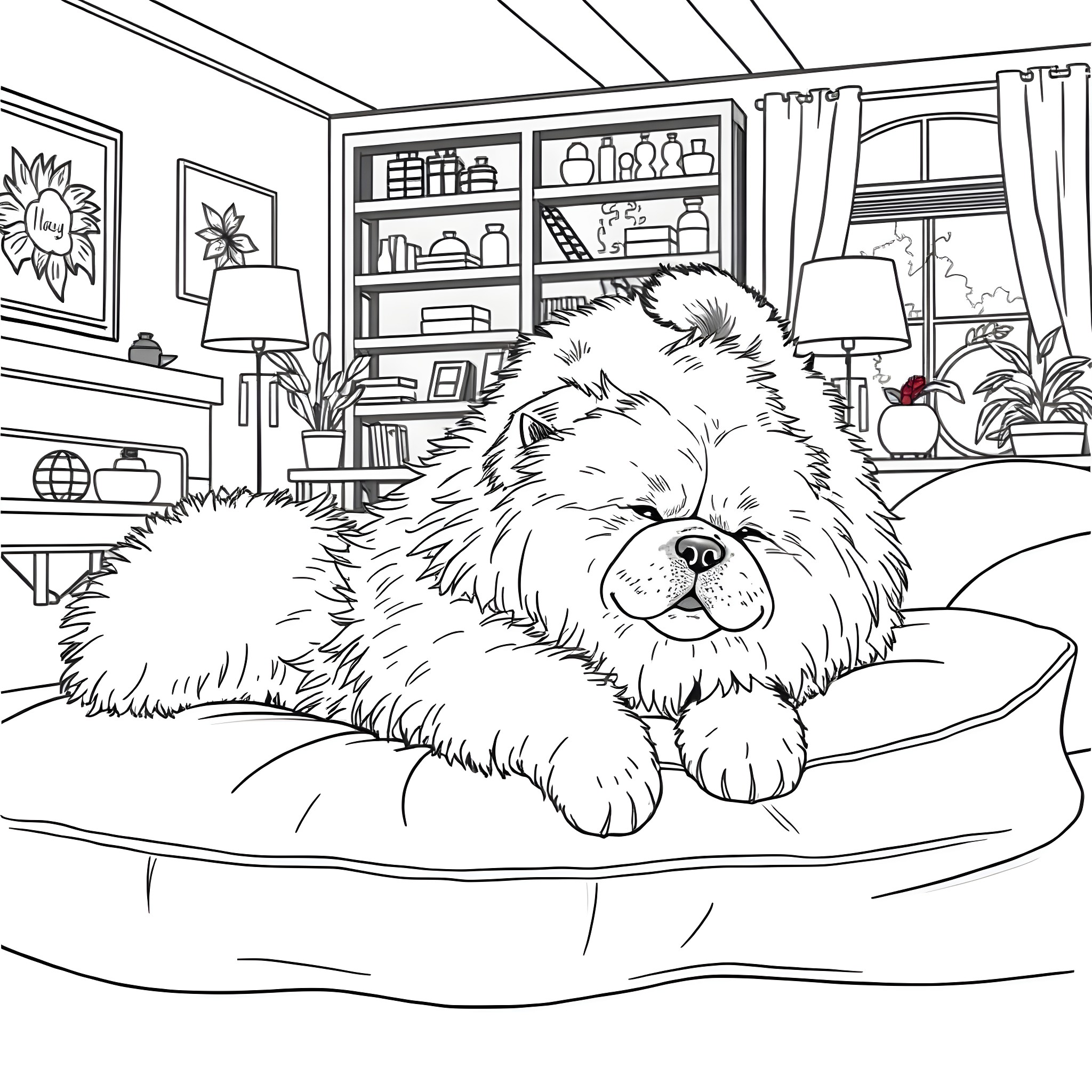 Chow Chow resting comfortably in a cozy home setting Coloring Page (free black-and-white line drawing printable PDF for all, from beginners to advanced learners, including children, teens, adults, and seniors)
