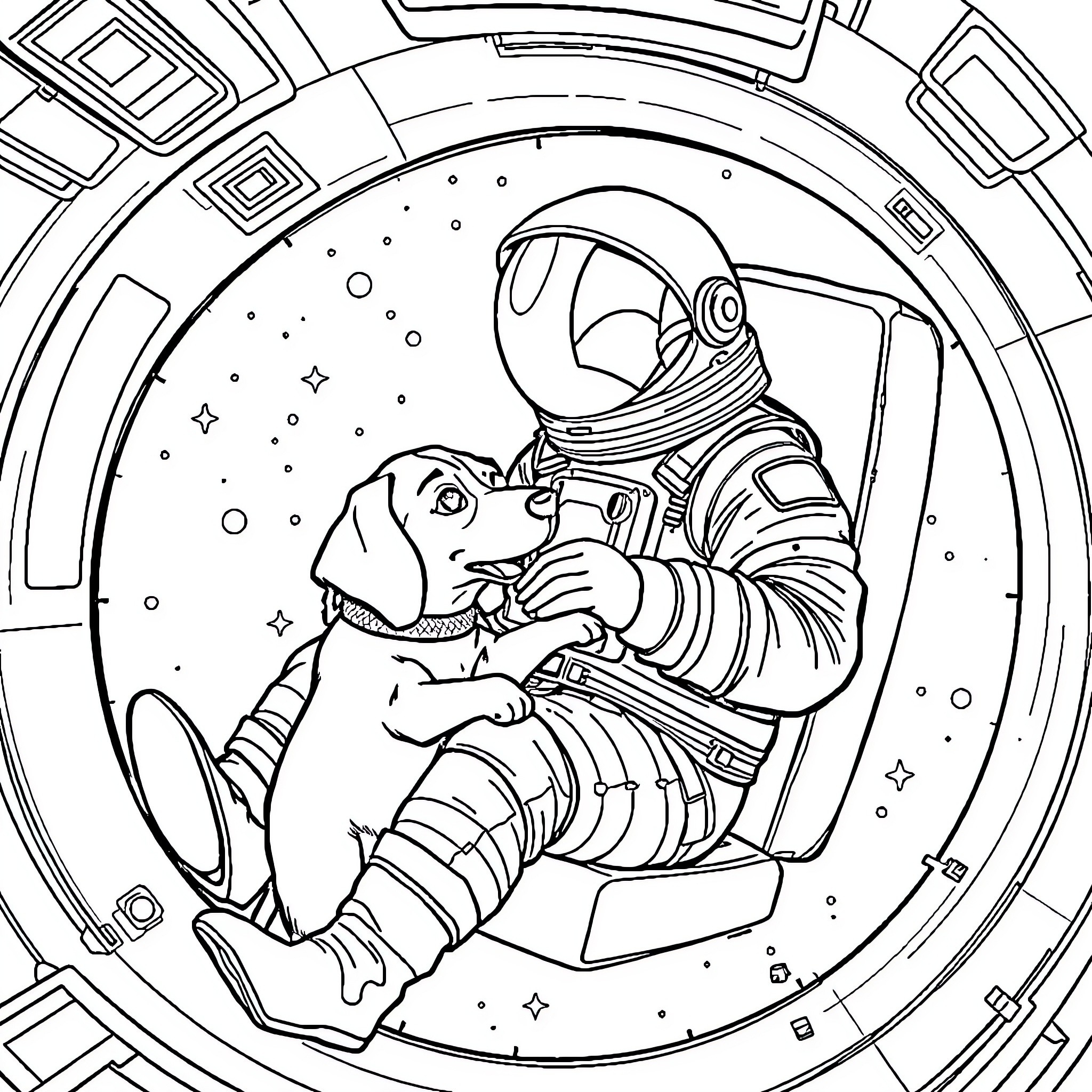Astronaut playing with pet dog in spacecraft Coloring Page (free black-and-white line drawing printable PDF for all, from beginners to advanced learners, including children, teens, adults, and seniors)