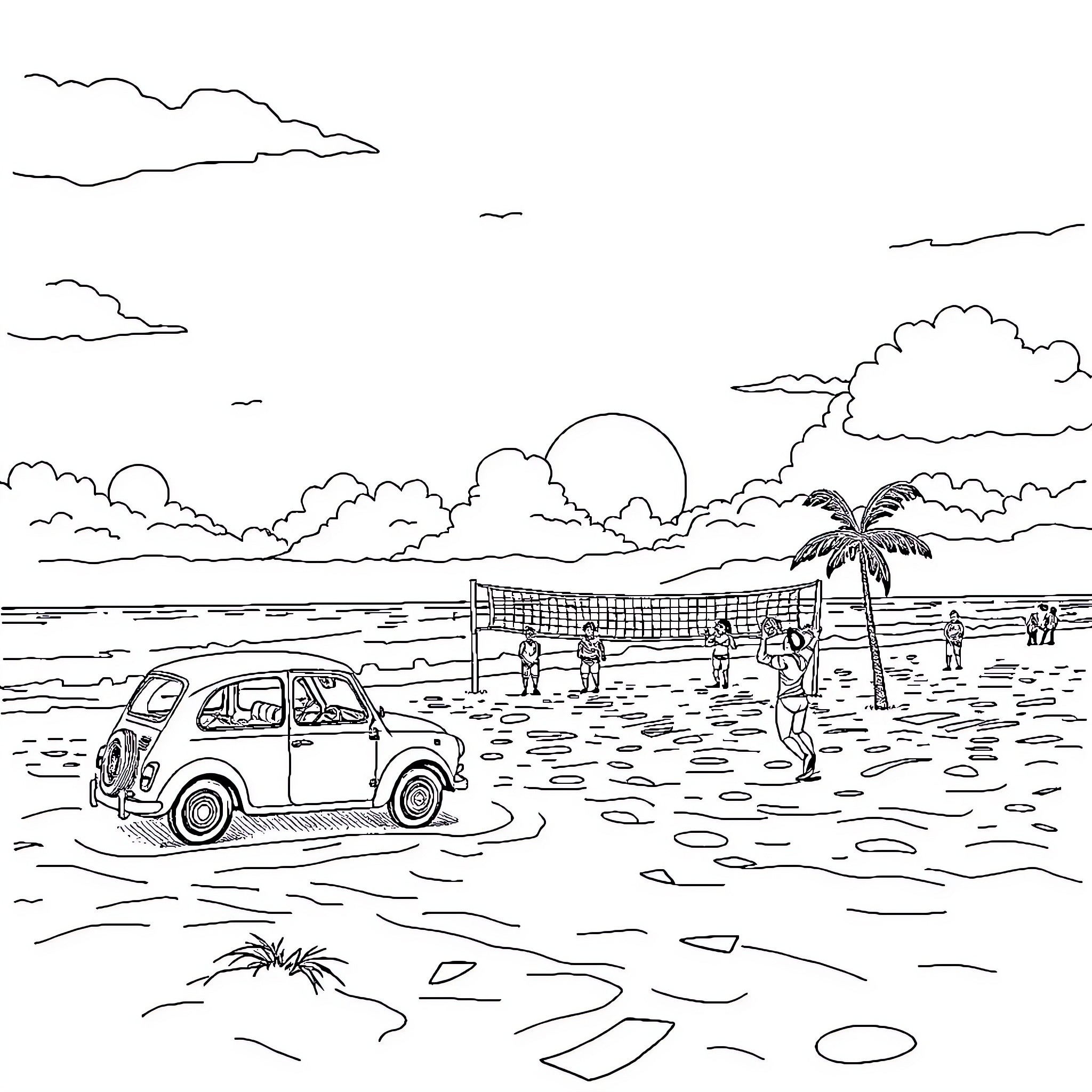 Car on the beach with people and palm trees Coloring Page (free black-and-white line drawing printable PDF for all, from beginners to advanced learners, including children, teens, adults, and seniors)