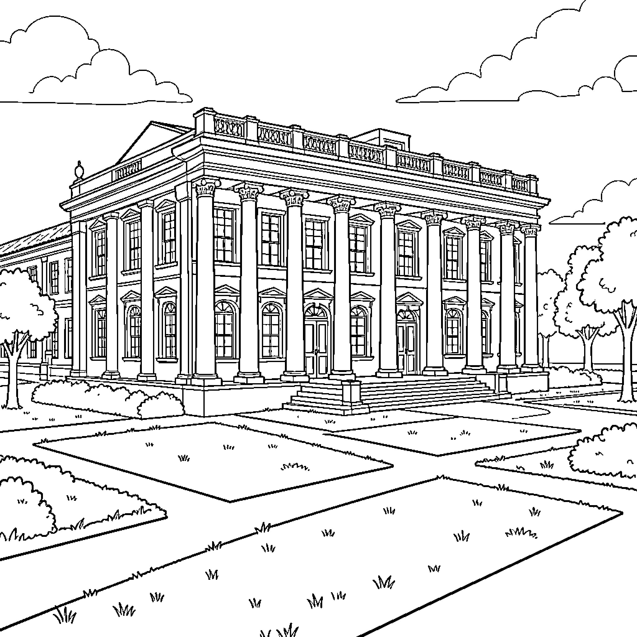Palacio Nacional standing grandly amidst manicured gardens Coloring Page (free black-and-white line drawing printable PDF for all, from beginners to advanced learners, including children, teens, adults, and seniors)