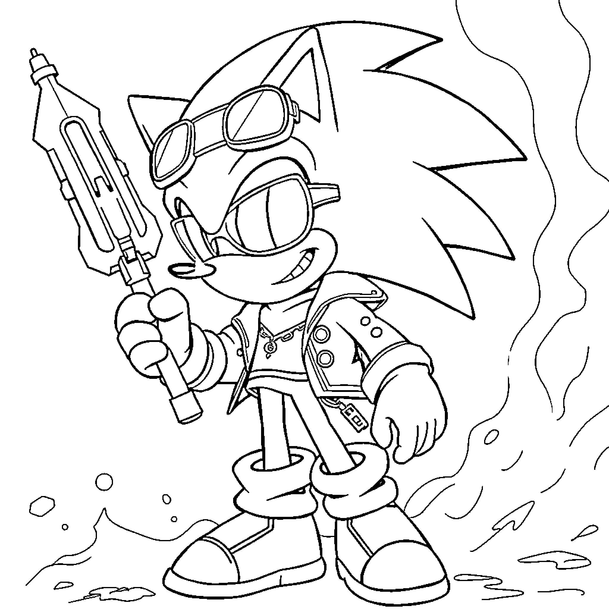Sonic the Warrior Wielding Powerful Weapon Coloring Page (free black-and-white line drawing printable PDF for all, from beginners to advanced learners, including children, teens, adults, and seniors)
