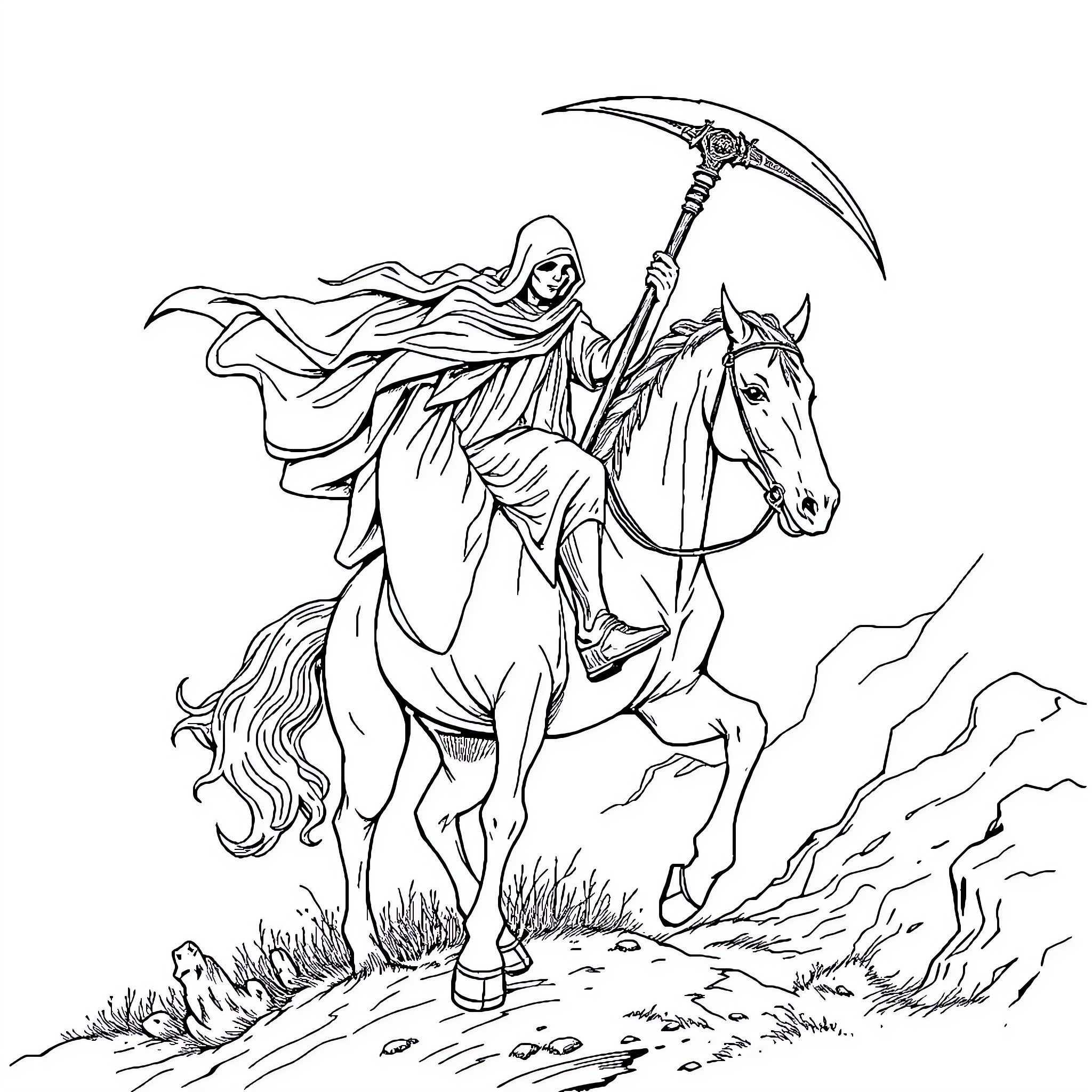Pale Rider on a Galloping Horse Coloring Page (free black-and-white line drawing printable PDF for all, from beginners to advanced learners, including children, teens, adults, and seniors)