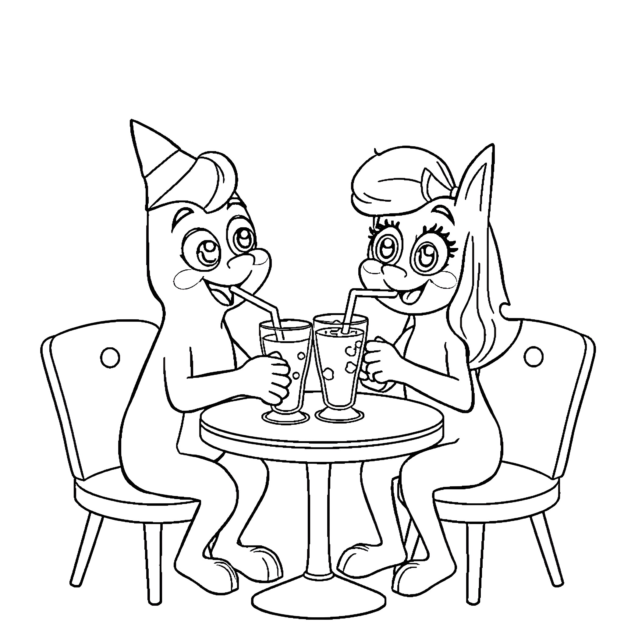 Bluey and friends enjoying refreshments together Coloring Page (free black-and-white line drawing printable PDF for all, from beginners to advanced learners, including children, teens, adults, and seniors)