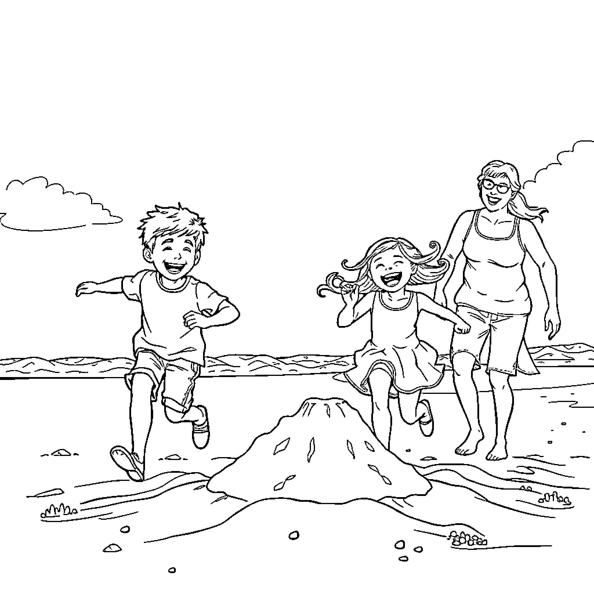 Family enjoying sunny day at the beach Coloring Page (free black-and-white line drawing printable PDF for all, from beginners to advanced learners, including children, teens, adults, and seniors)