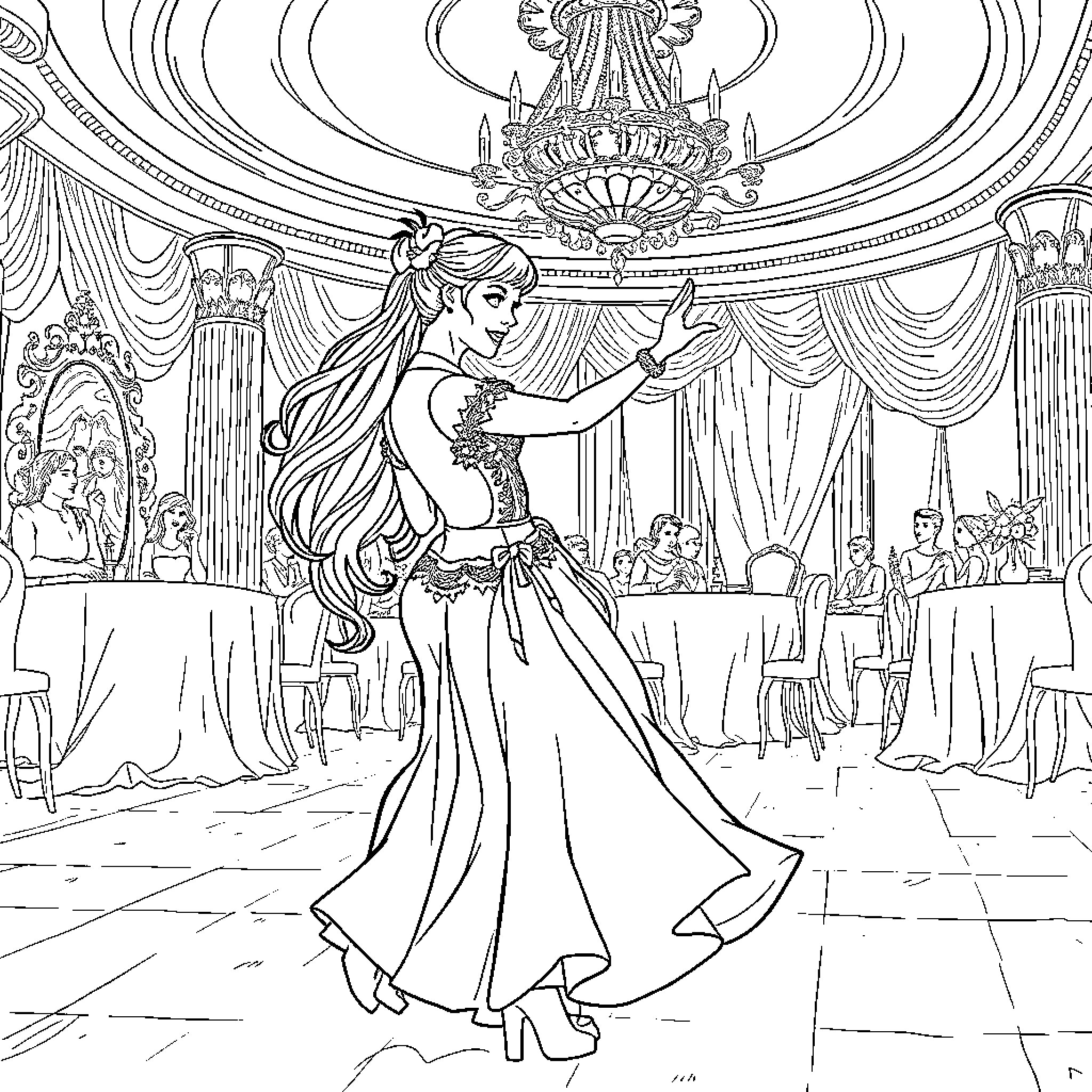 Cinderella dancing gracefully at the royal ball Coloring Page (free black-and-white line drawing printable PDF for all, from beginners to advanced learners, including children, teens, adults, and seniors)