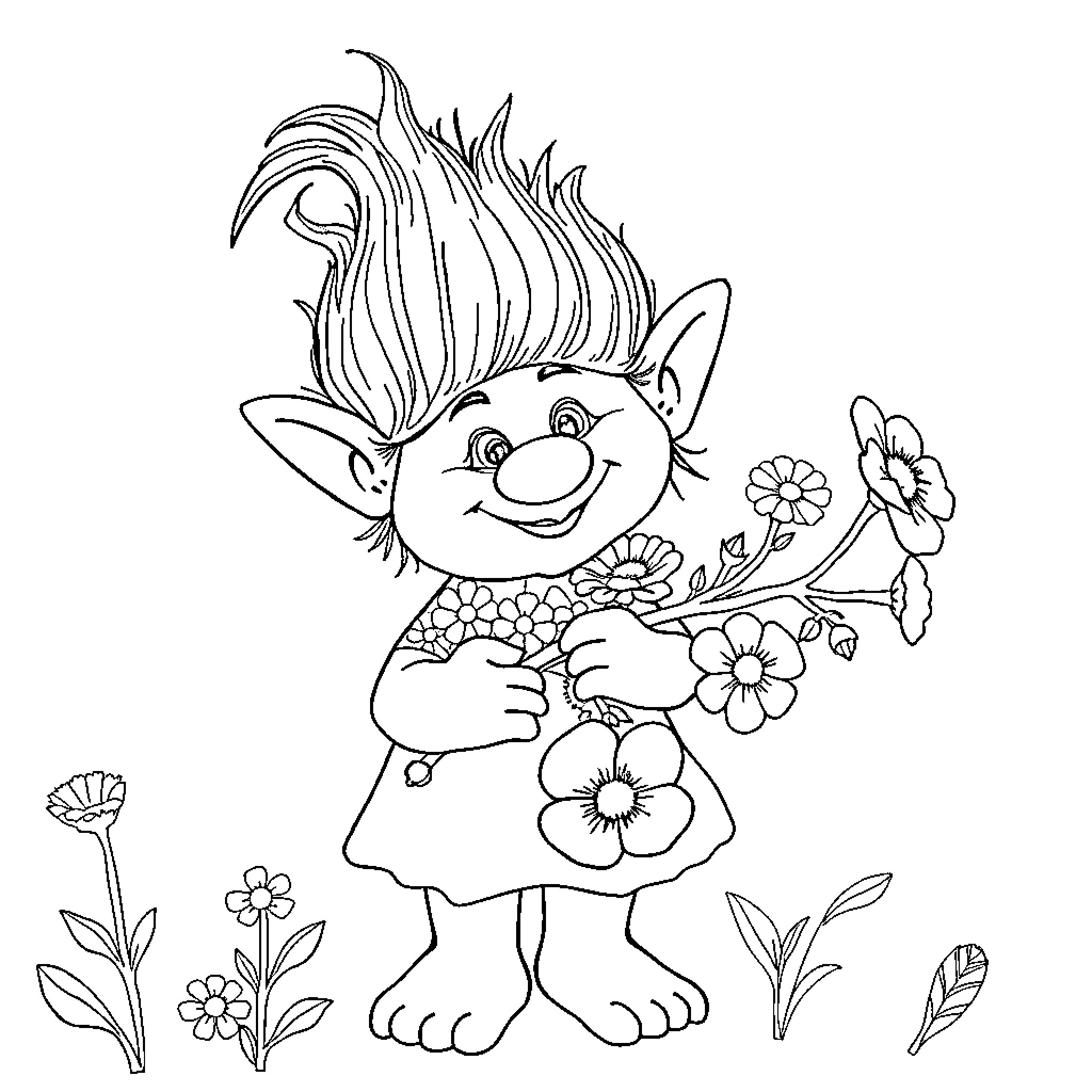 Troll holding a bouquet of flowers Coloring Page (free black-and-white line drawing printable PDF for all, from beginners to advanced learners, including children, teens, adults, and seniors)
