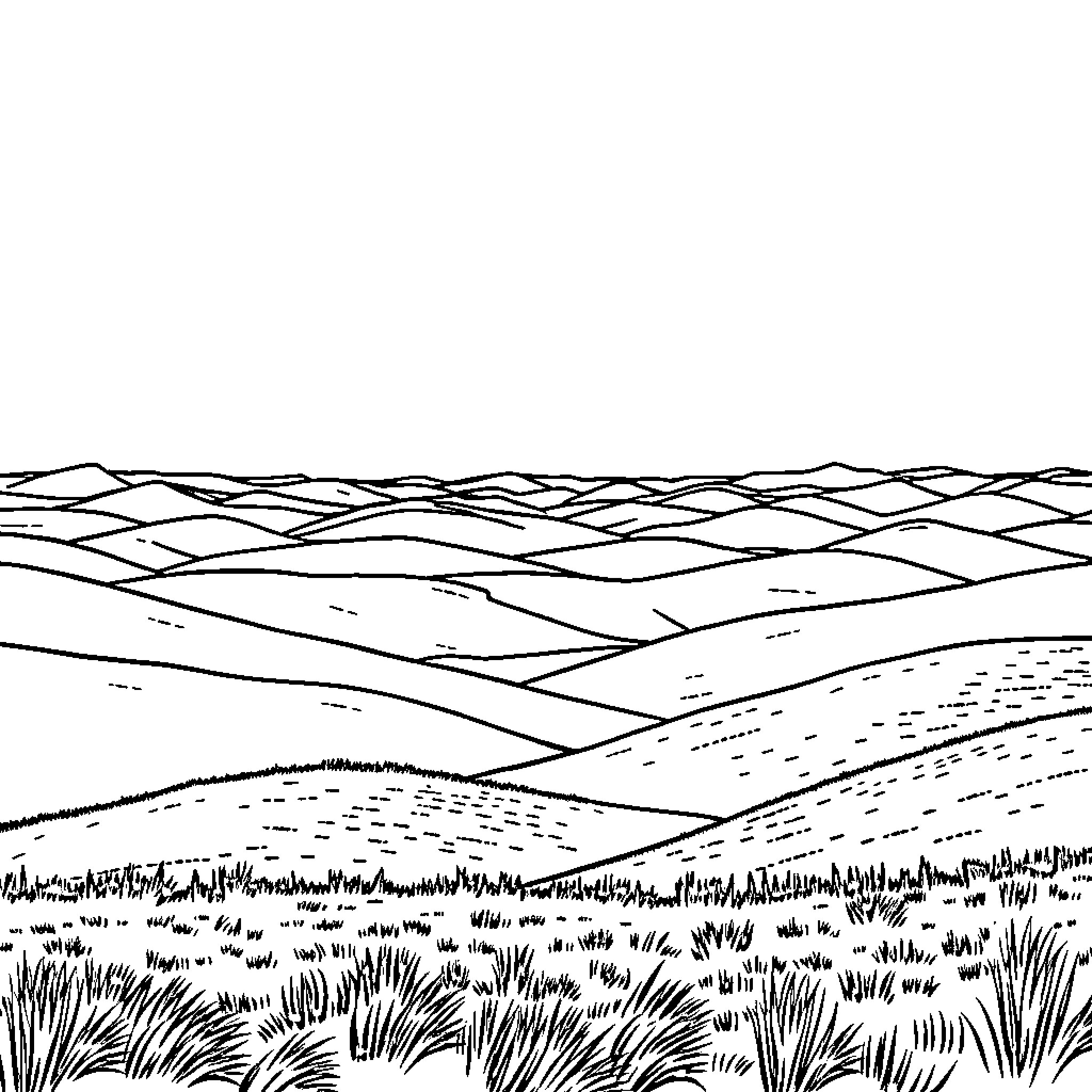 Landscape of rolling hills and meadows Coloring Page (free black-and-white line drawing printable PDF for all, from beginners to advanced learners, including children, teens, adults, and seniors)