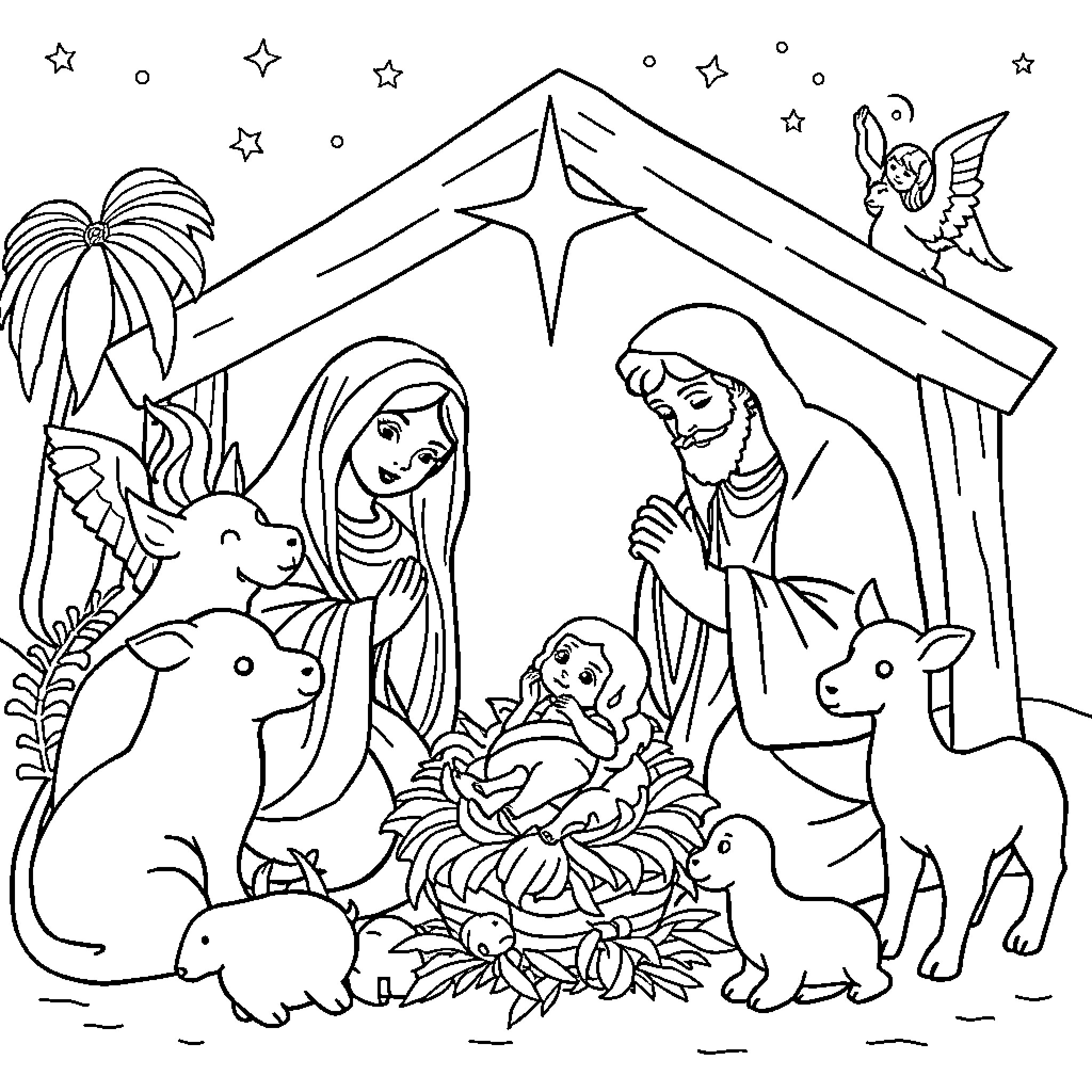 Nativity Scene with Holy Family and Animals Coloring Page (free black-and-white line drawing printable PDF for all, from beginners to advanced learners, including children, teens, adults, and seniors)