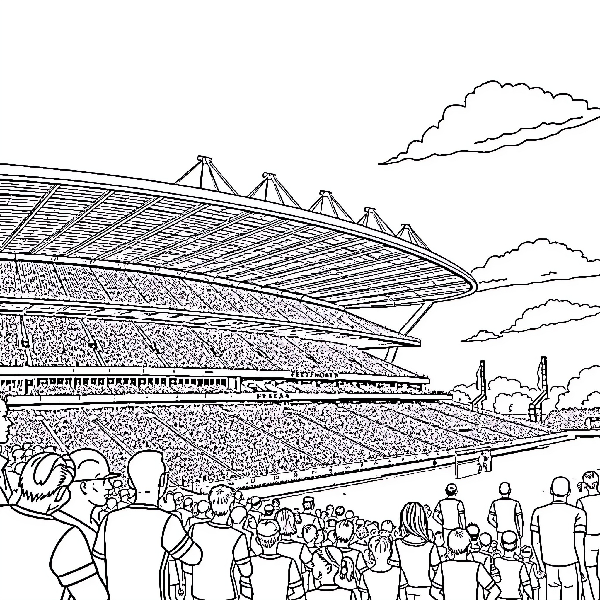 Feyenoord stadium filled with fans watching a match Coloring Page (free black-and-white line drawing printable PDF for all, from beginners to advanced learners, including children, teens, adults, and seniors)